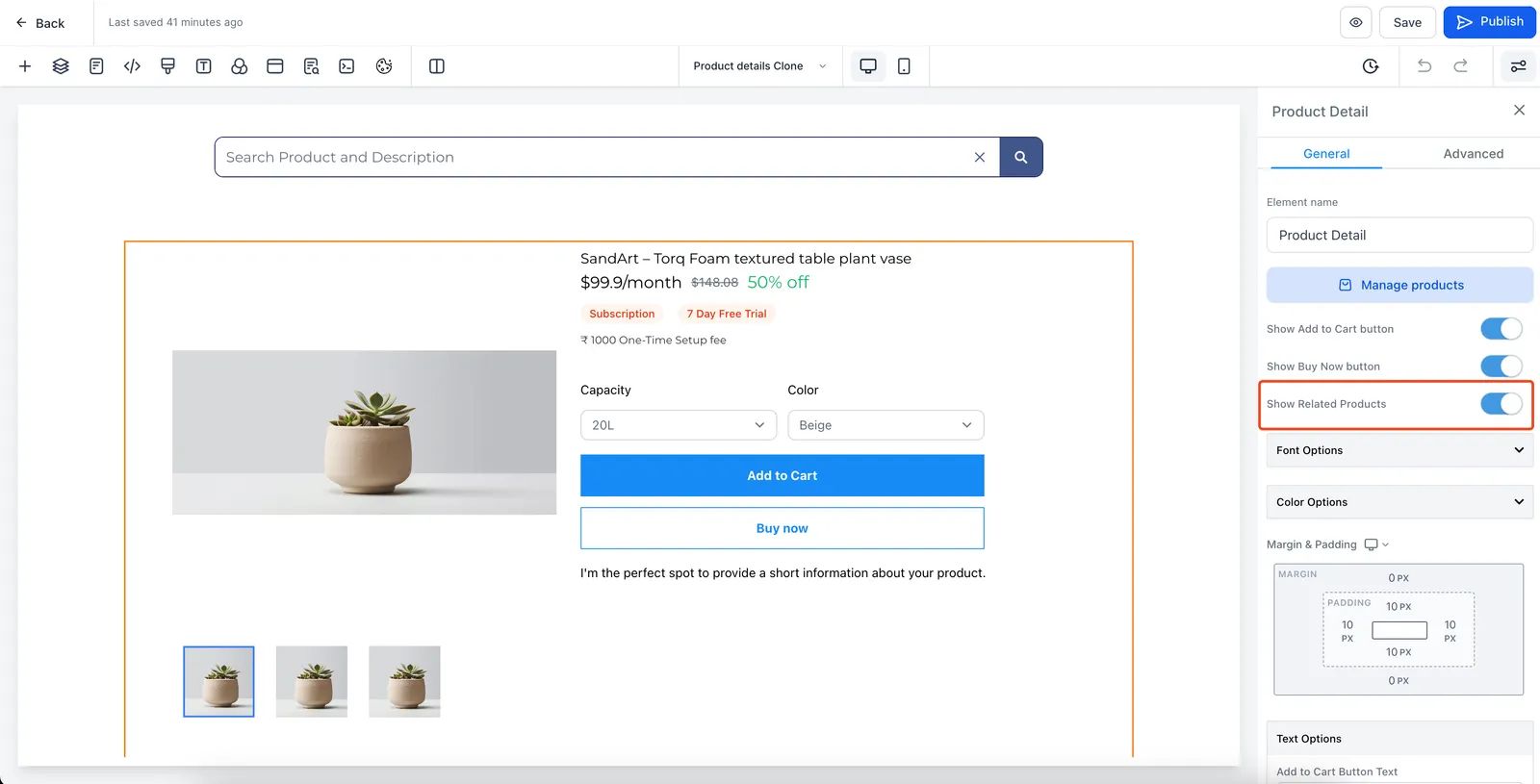Impostazioni prodotti correlati nel page builder