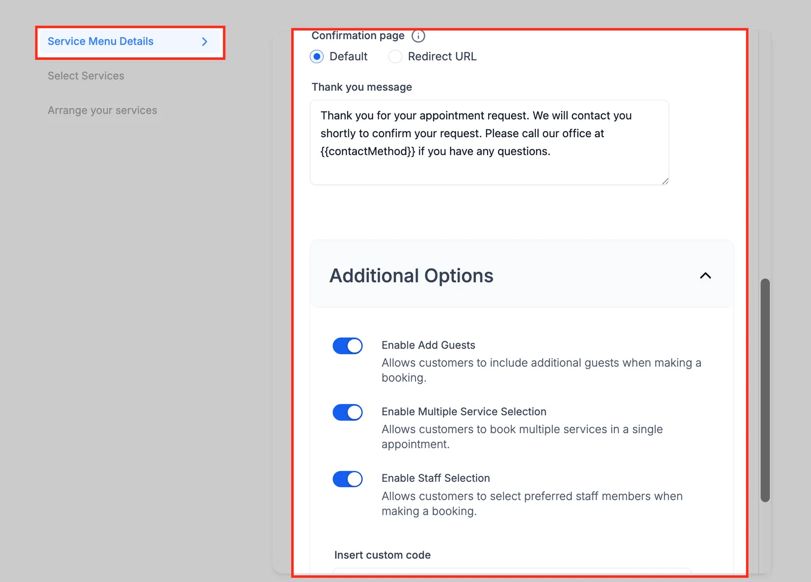Schermata opzioni aggiuntive del menu servizi