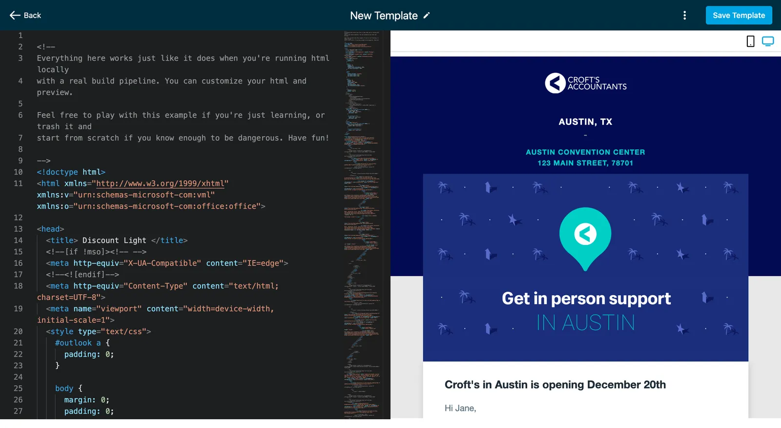 Code Editor con anteprima del template HTML