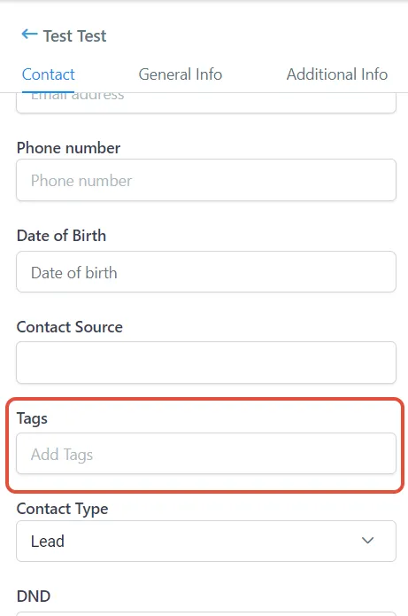 Scheda contatto senza Tag applicato