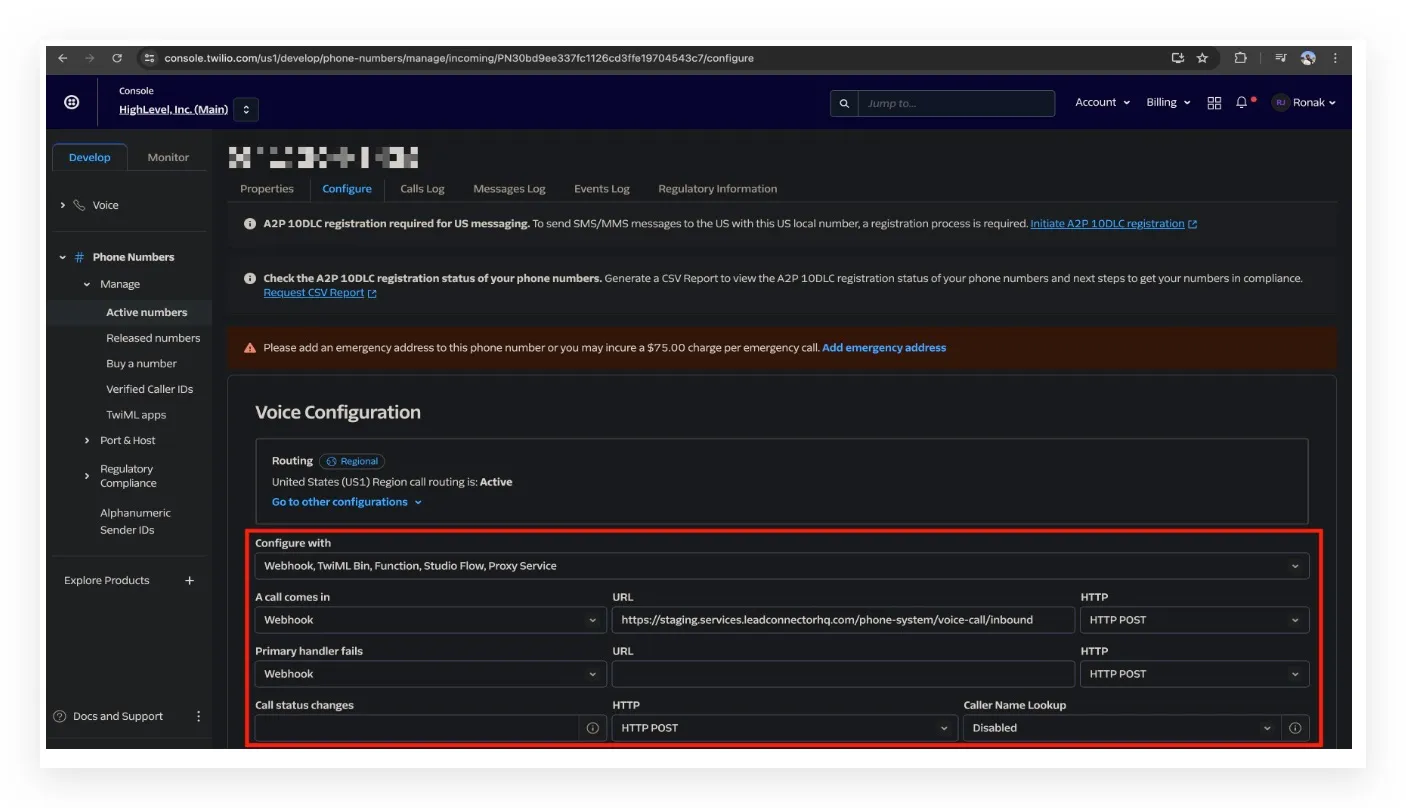 Schermata Voice Configuration su Twilio