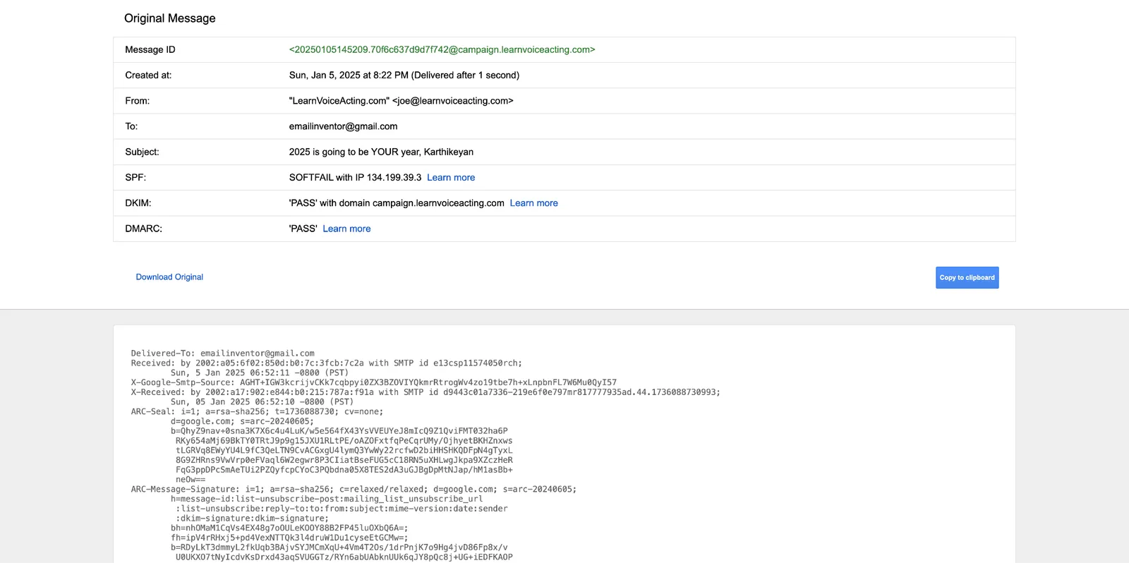 Esempio di SPF FAIL nell'intestazione email di Gmail