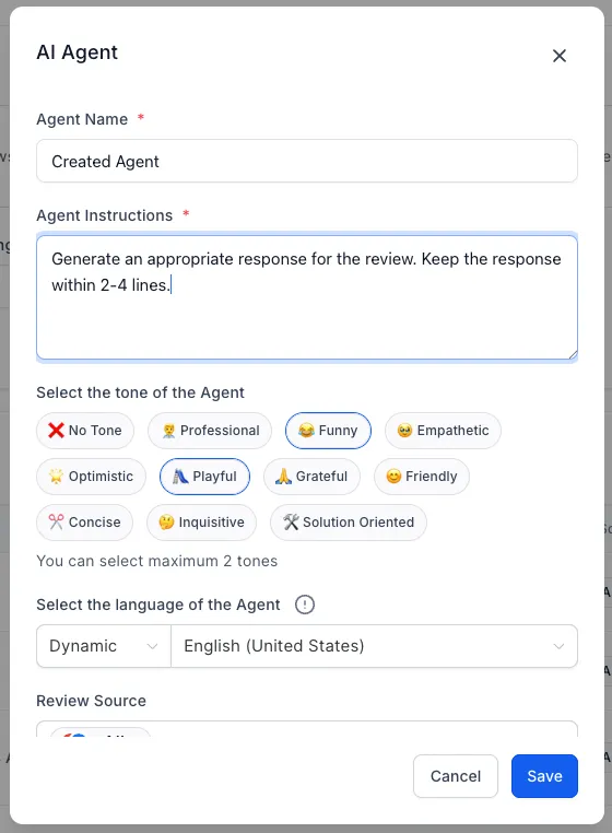 Schermata di creazione di un nuovo AI Agent con le impostazioni di tono e prompt