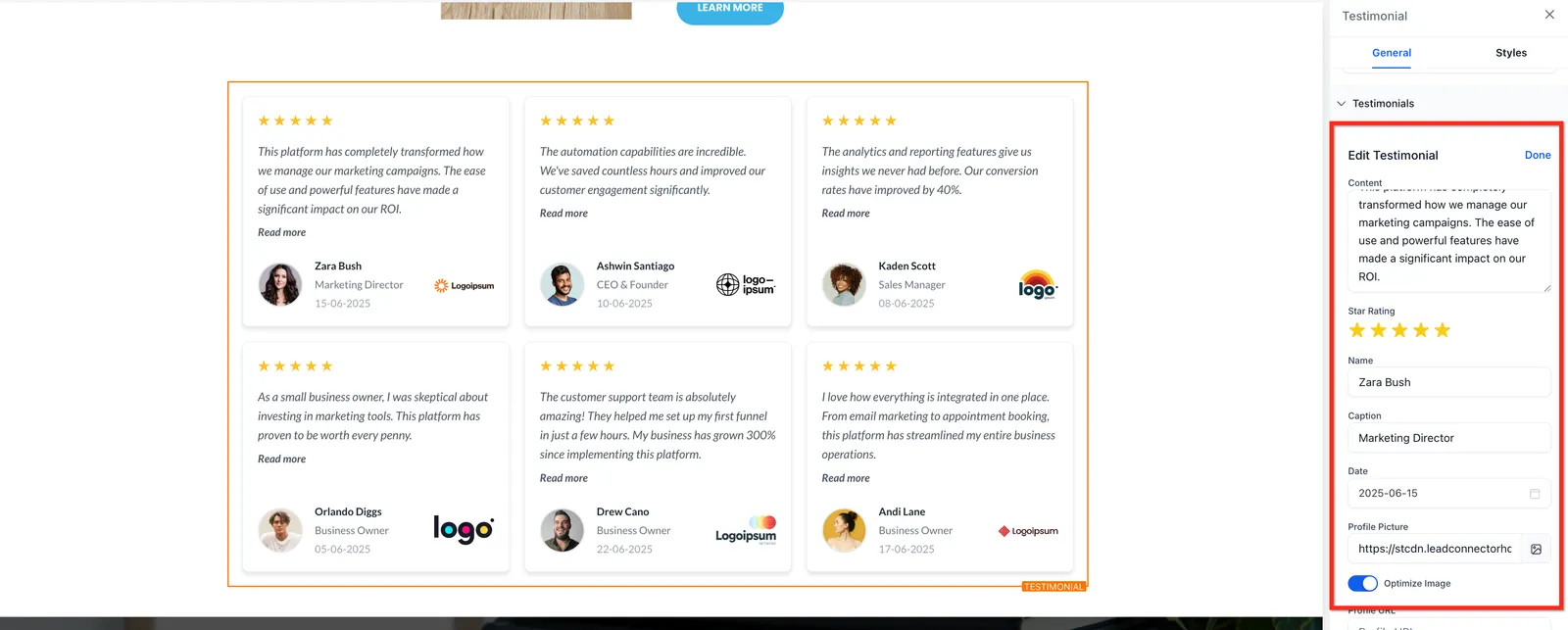 Editor testimonianza con campi nome, didascalia, data, valutazione e foto