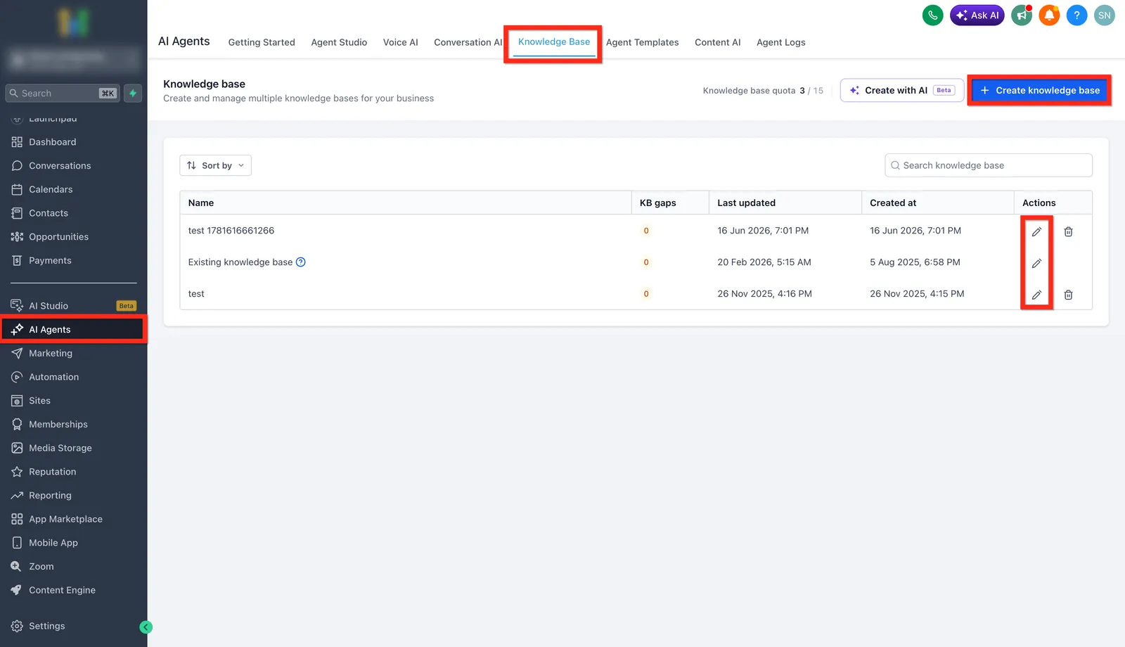Schermata della Knowledge Base