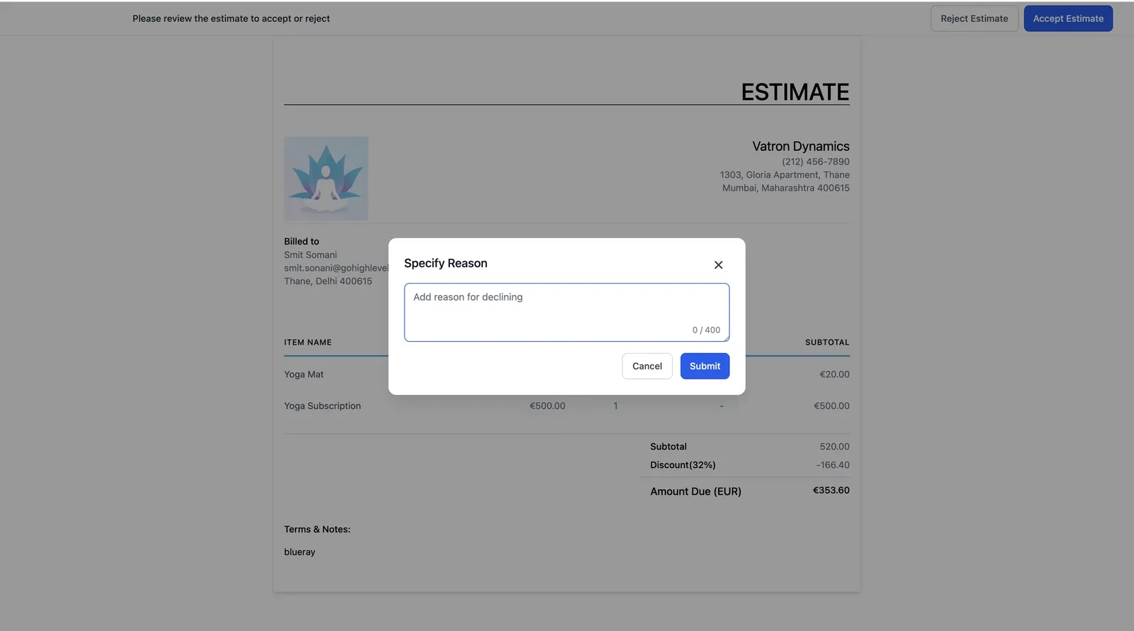 Screenshot del rifiuto di un preventivo con note