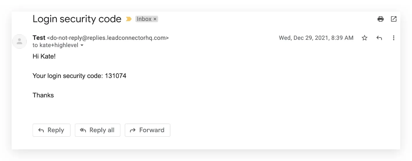 Email con codice di verifica