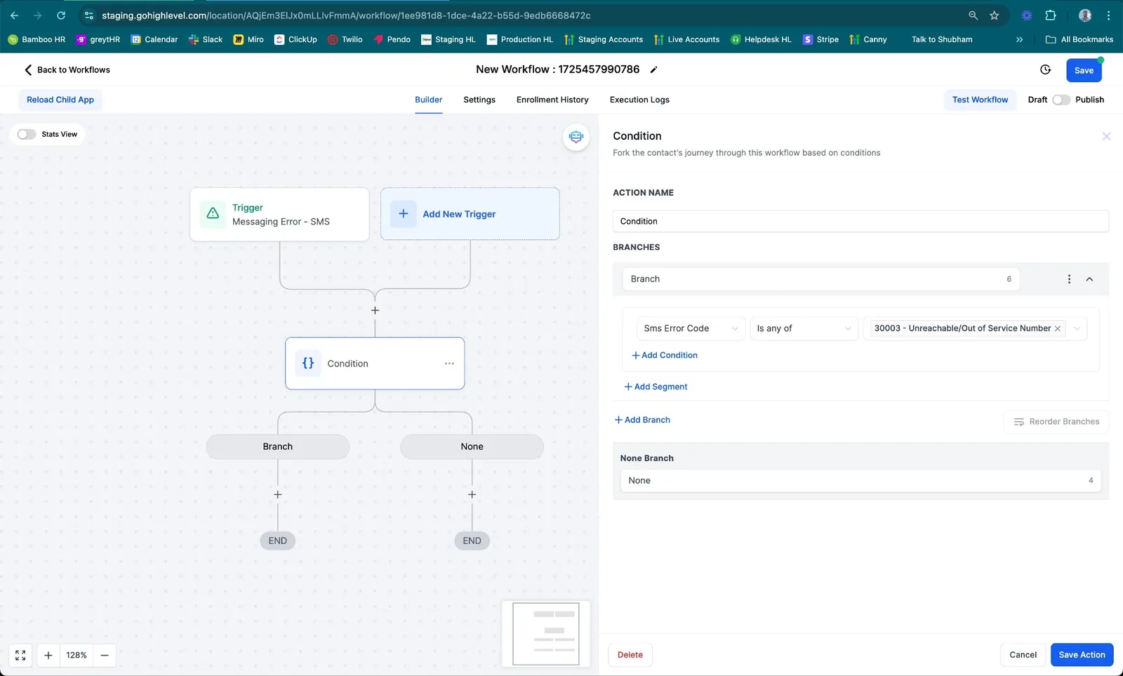 Esempio di Workflow con logica if/else per gestire diversi codici di errore SMS