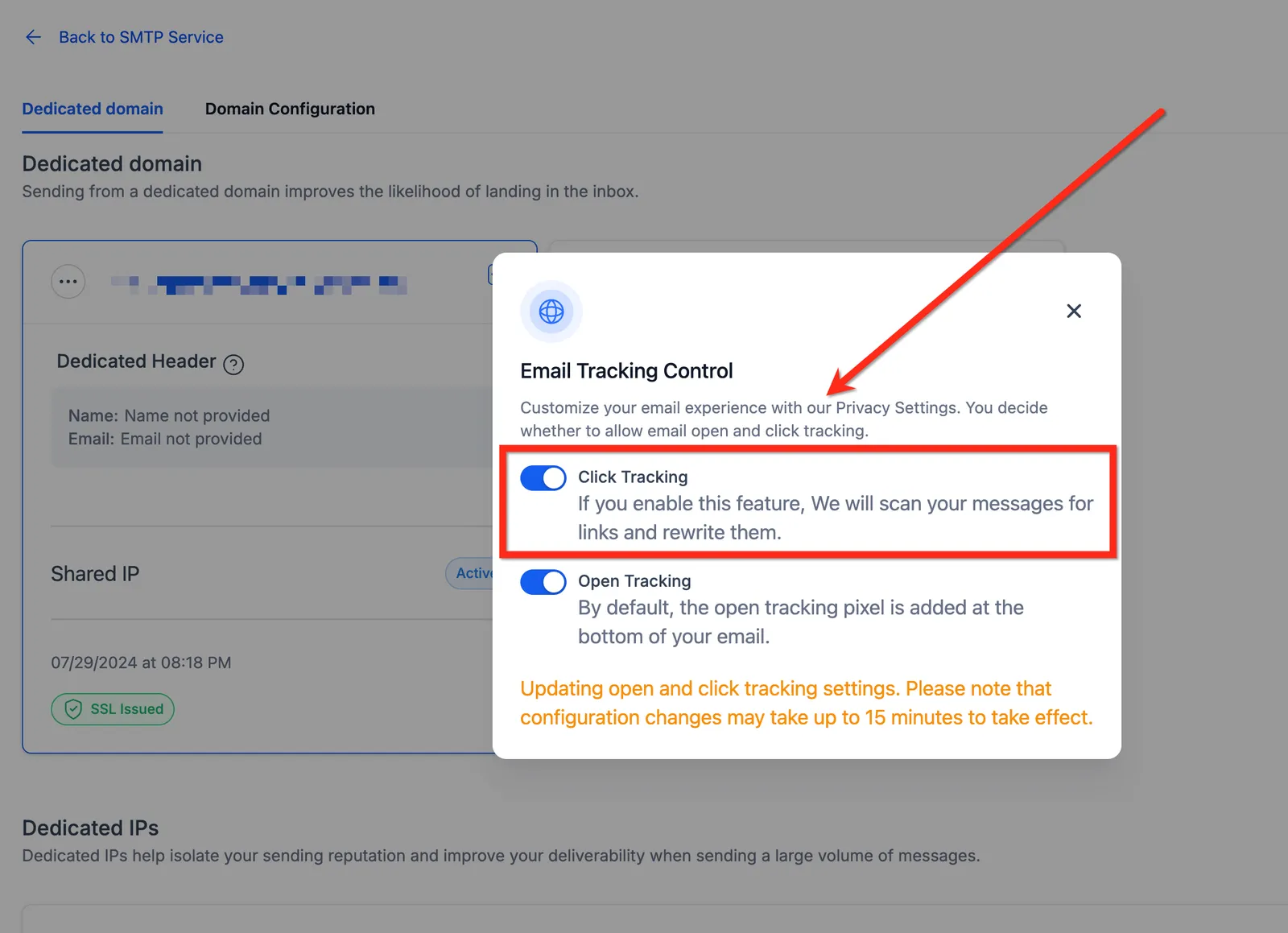 Conferma invio campagna email con click tracking abilitato