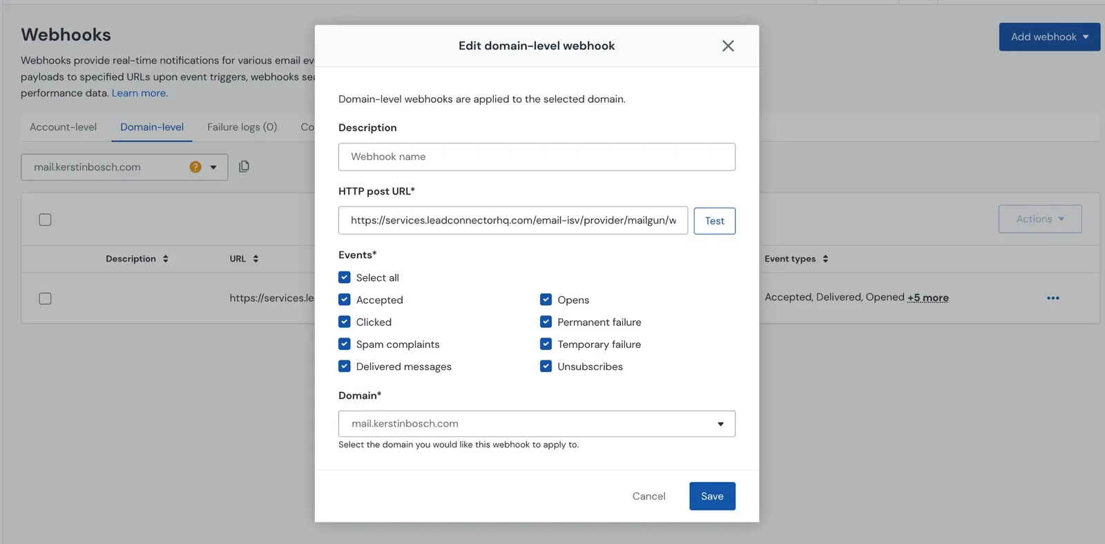 Schermata di aggiunta webhook in Mailgun
