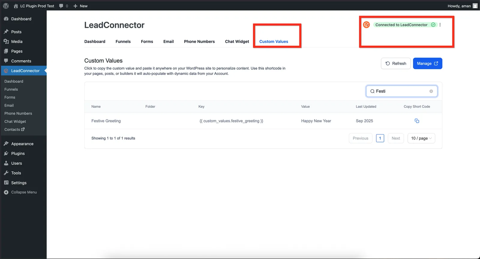 Schermata dei Valori Personalizzati in WordPress