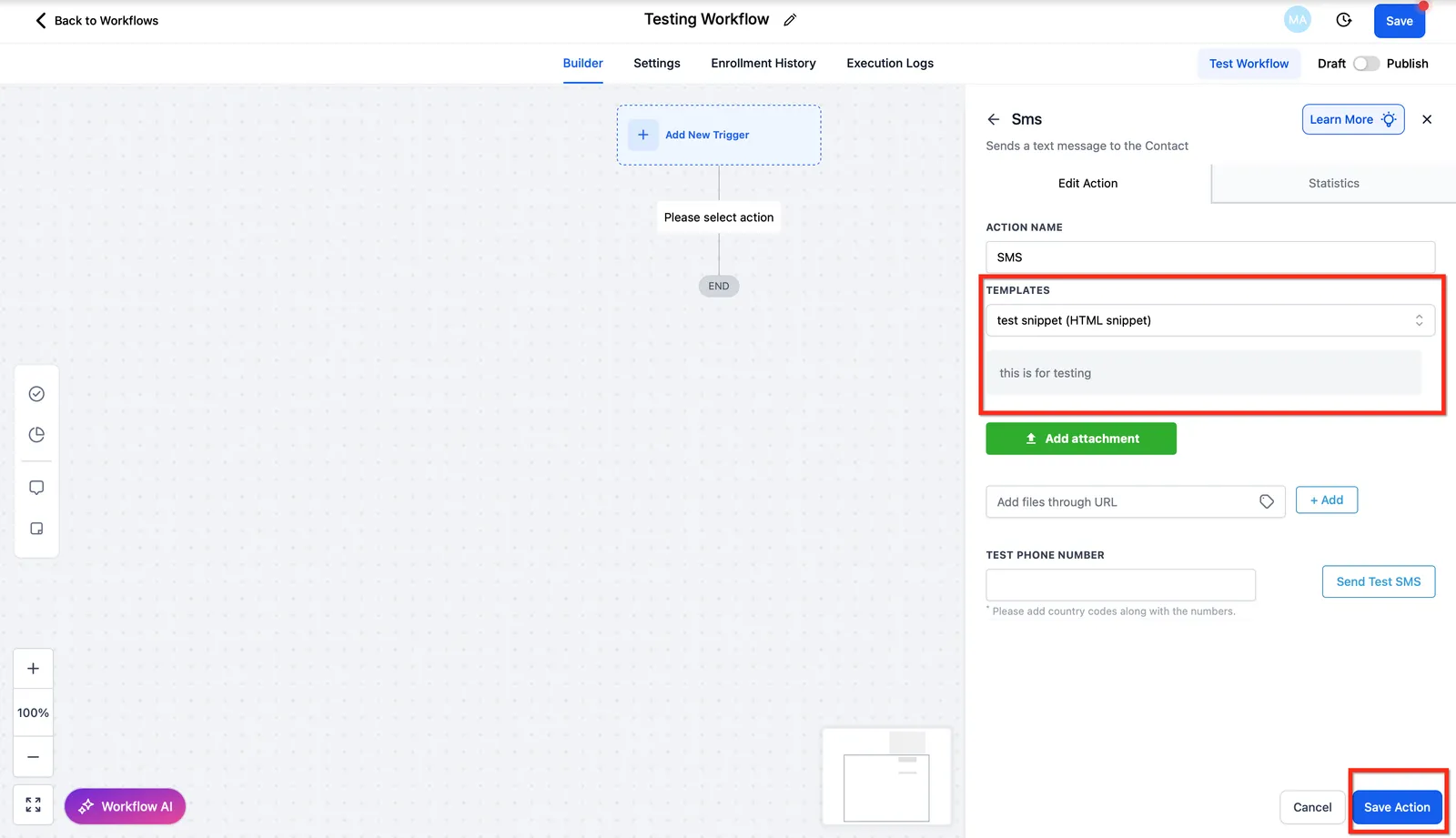 Selezione dello Snippet nel compositore del messaggio Workflow