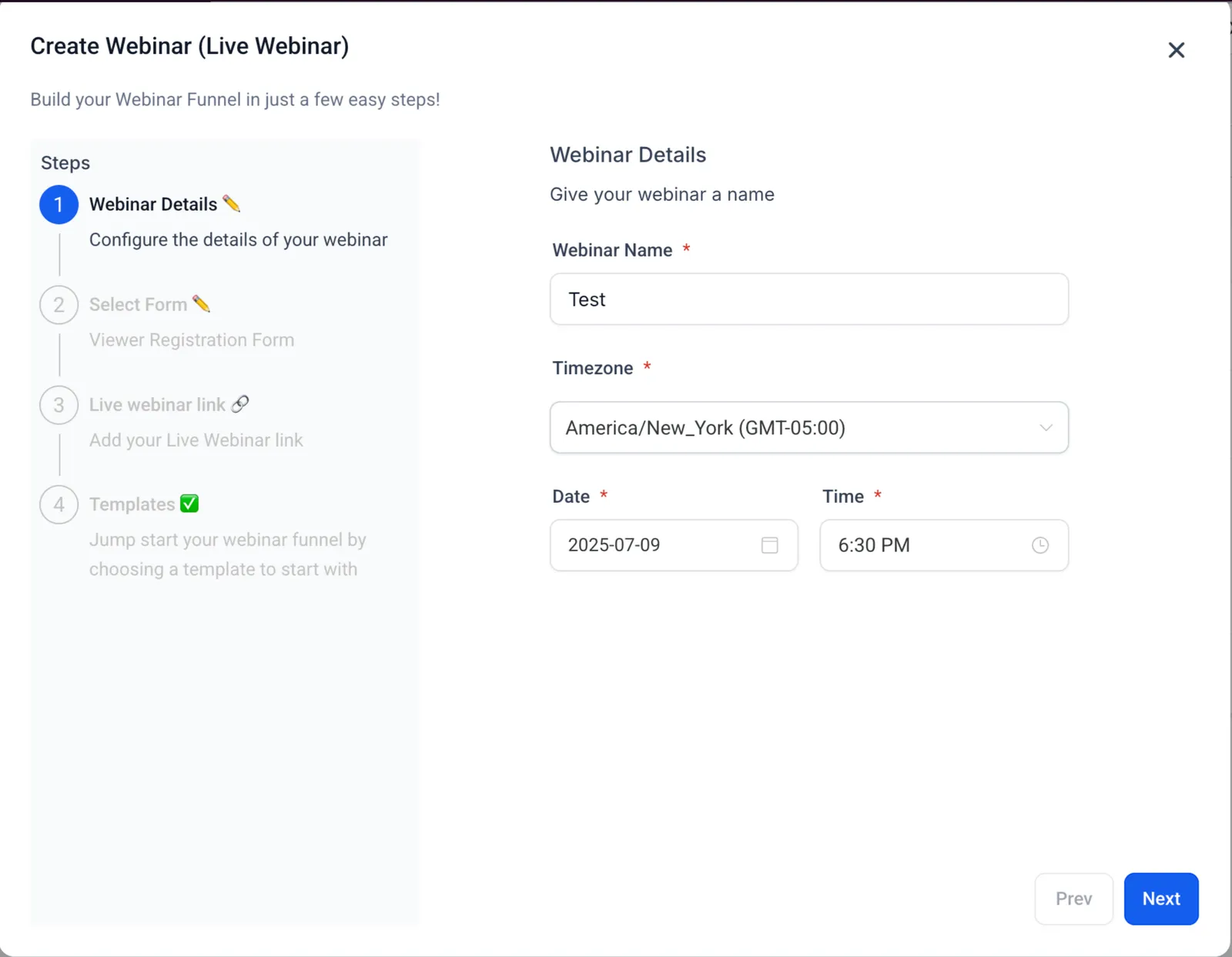 Schermata di configurazione del webinar live