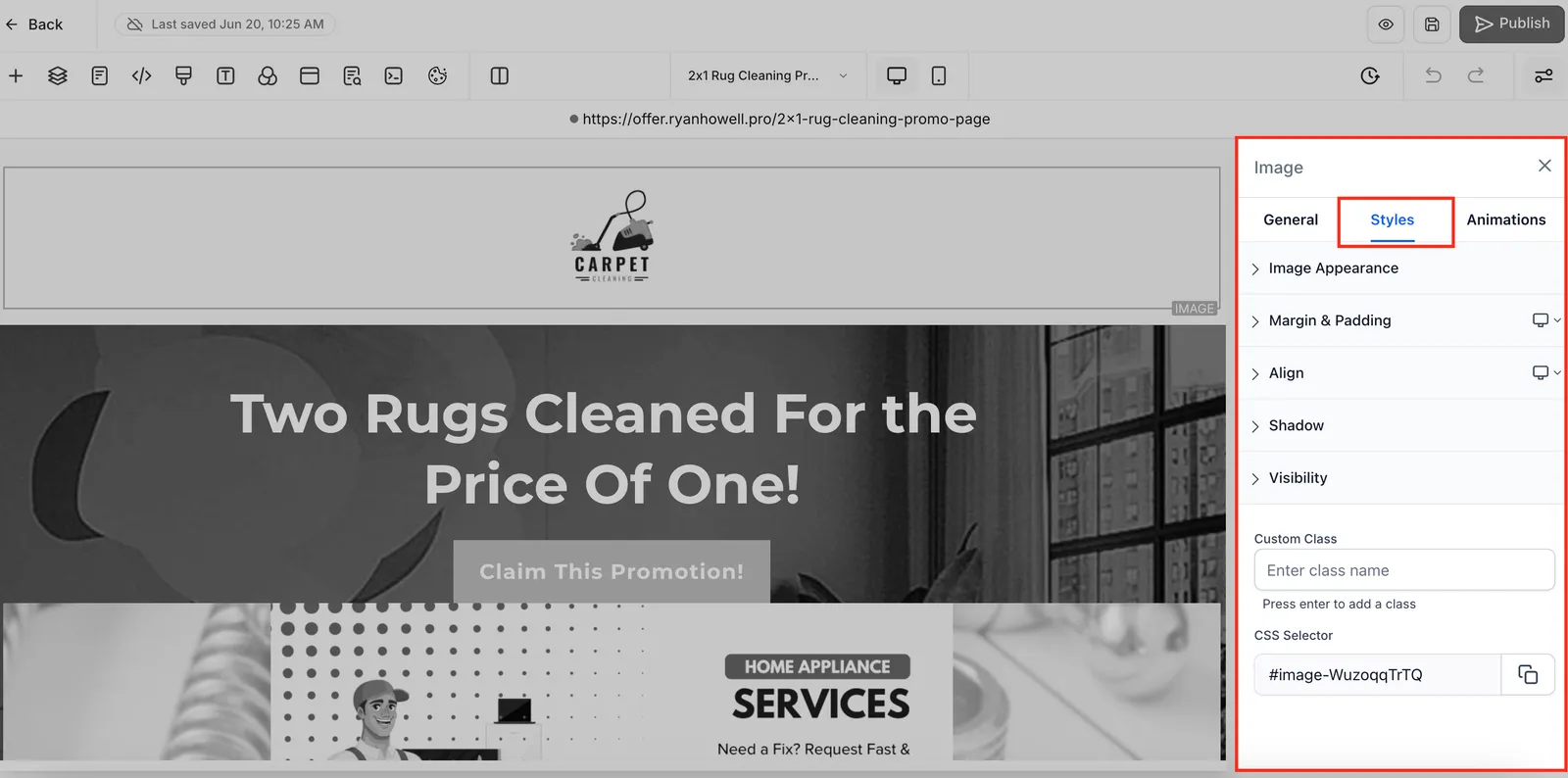 Schermata del tab Stili nella sidebar del Builder di Funnel e Siti Web