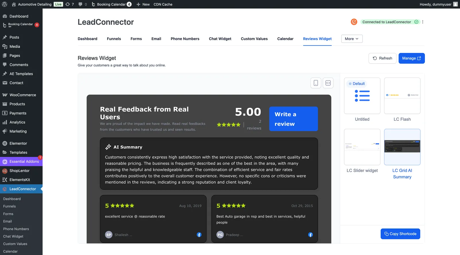 Schermata widget recensioni