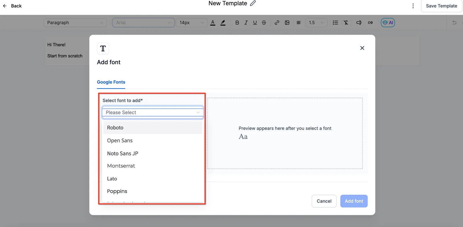 Selezione del font dal menu a discesa nel modale