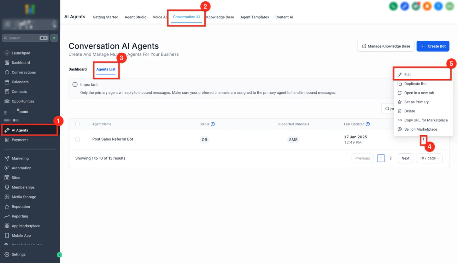 Menu a tre puntini per modificare il bot