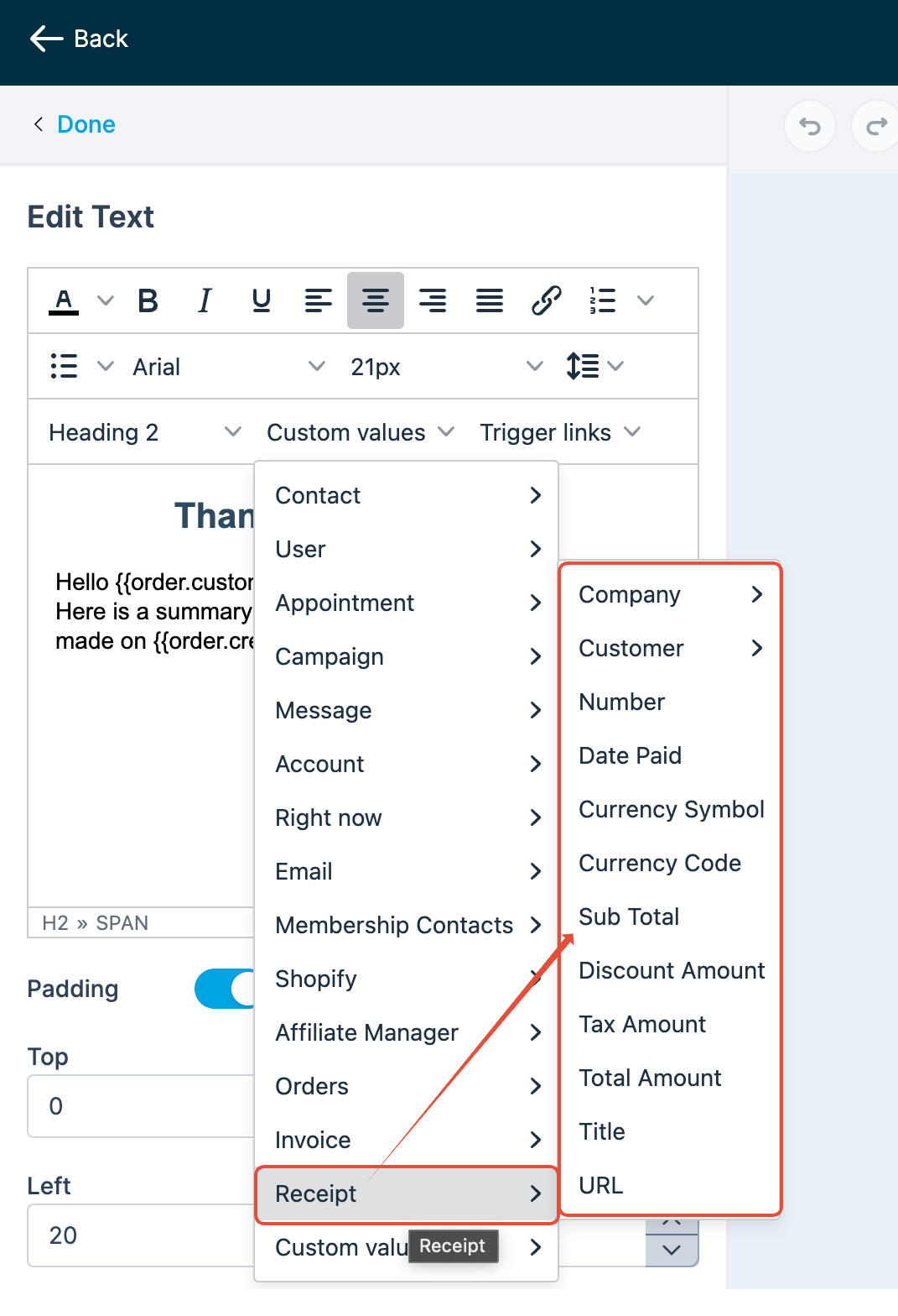 Esempio di template email personalizzato per ricevute di vendita