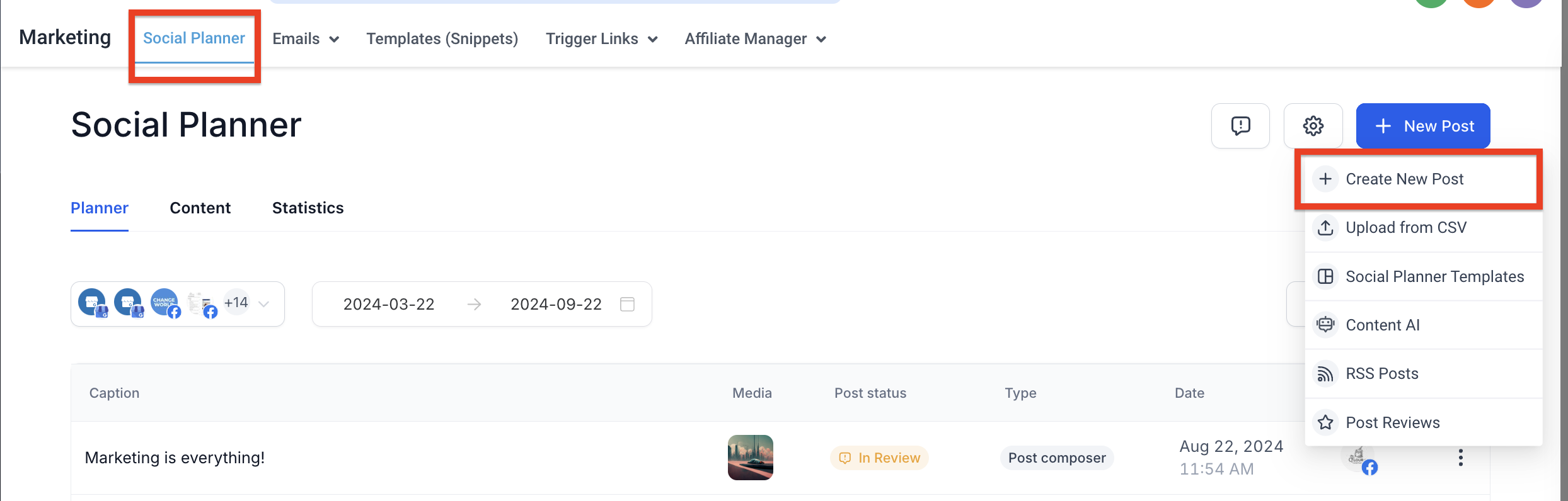 Schermata creazione nuovo post nel Social Planner