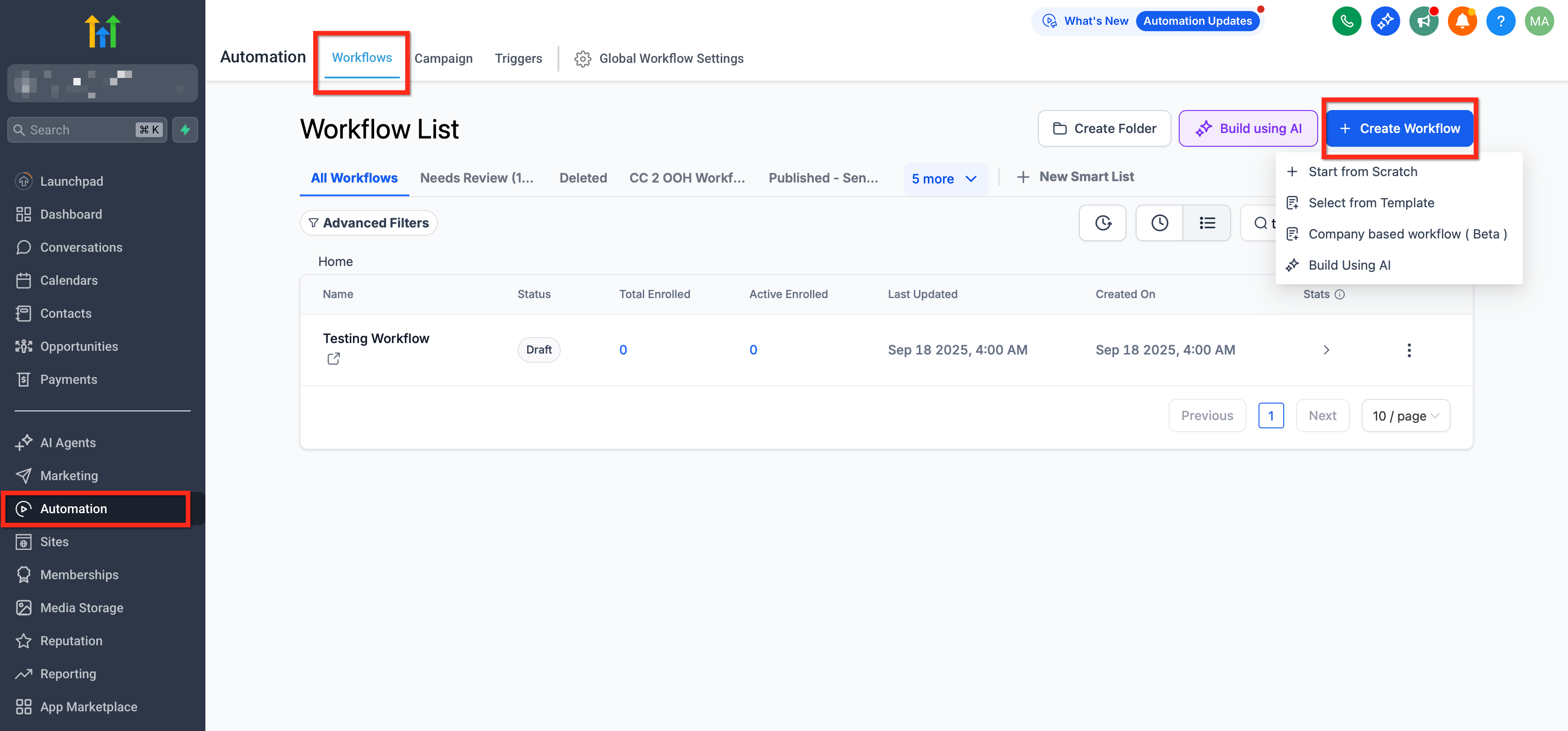 Navigazione verso Automazioni e Workflow