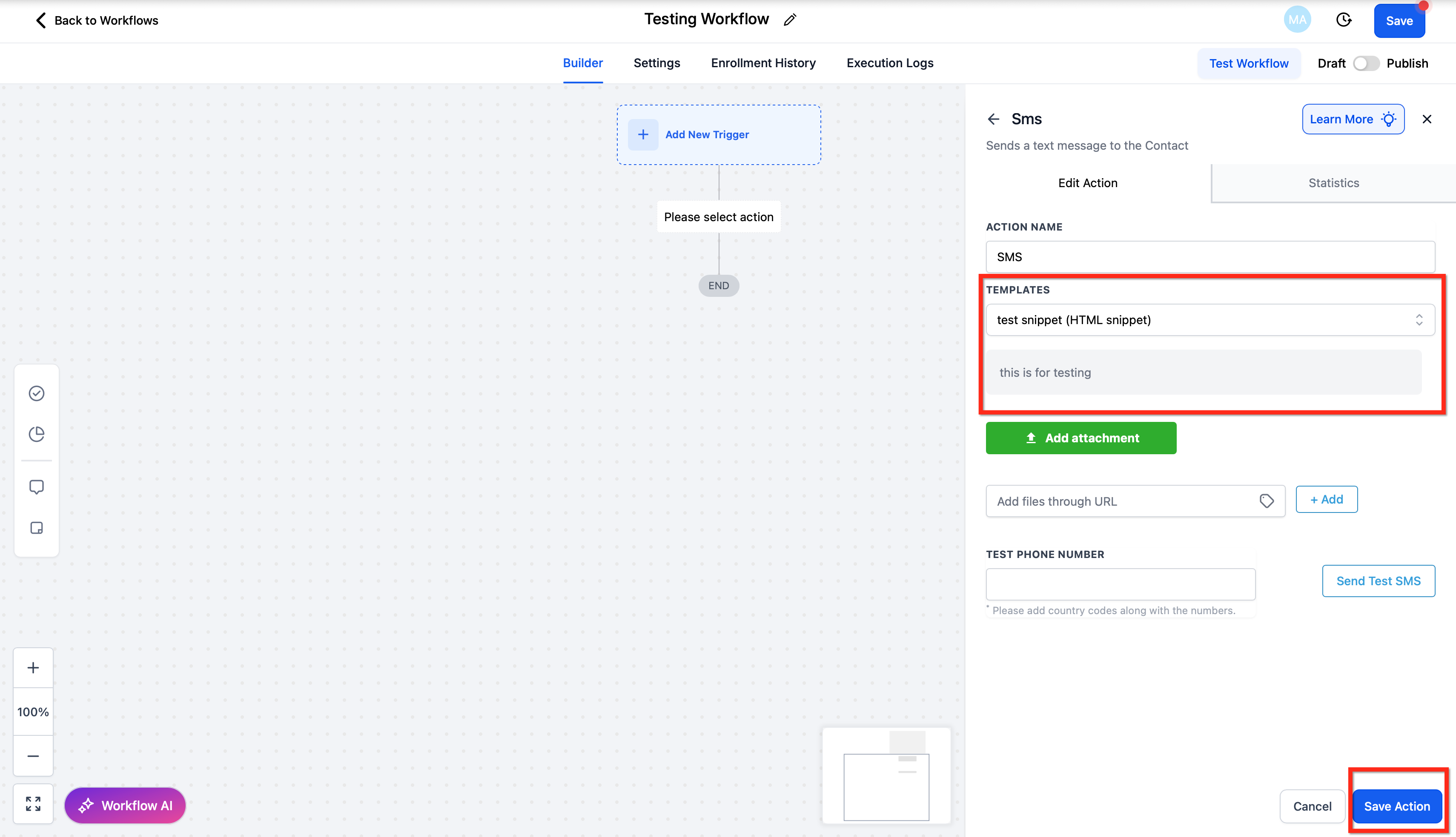 Selezione dello Snippet nel compositore del messaggio Workflow