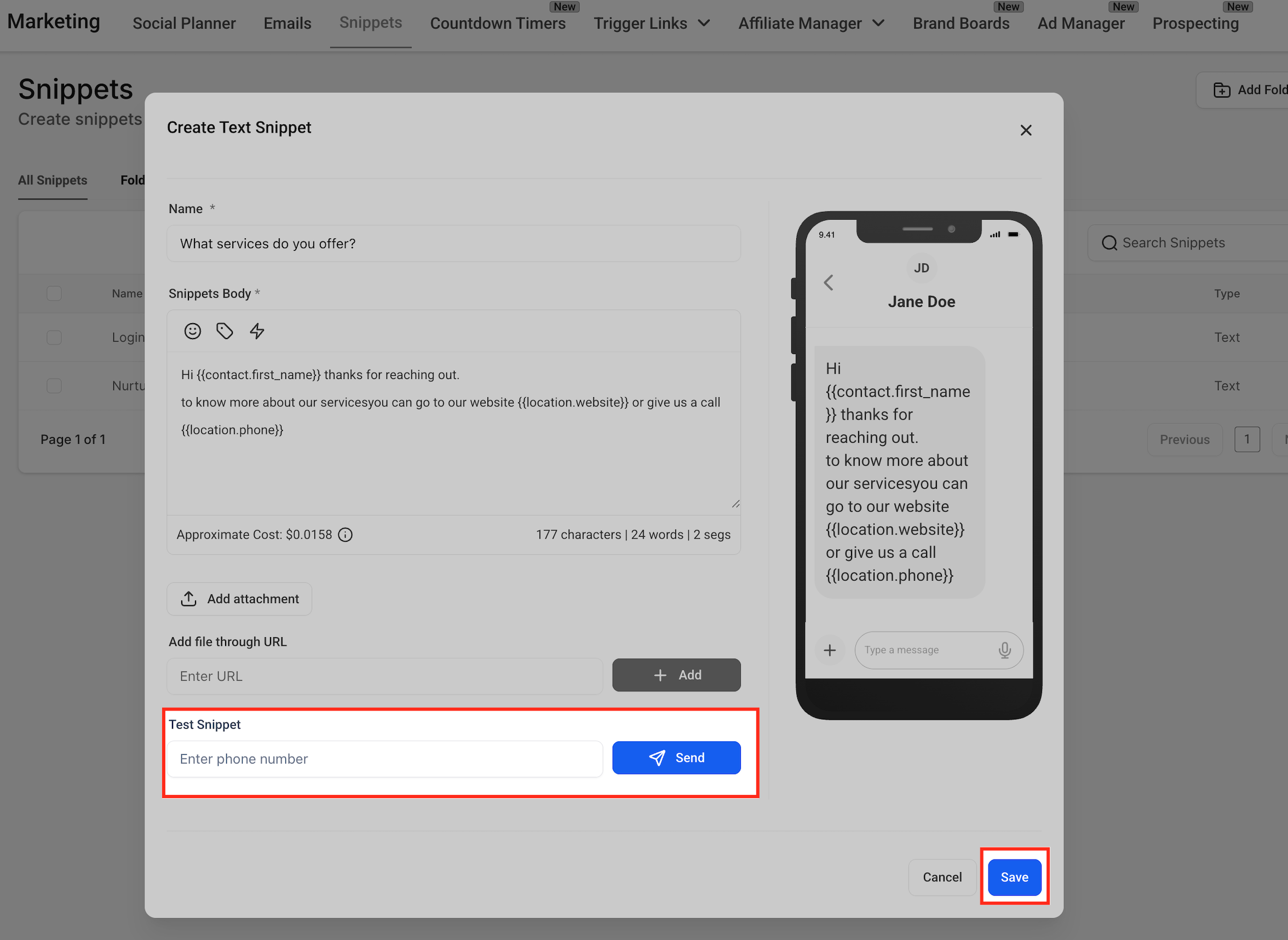 Riepilogo caratteri, segmenti e costo SMS dello Snippet