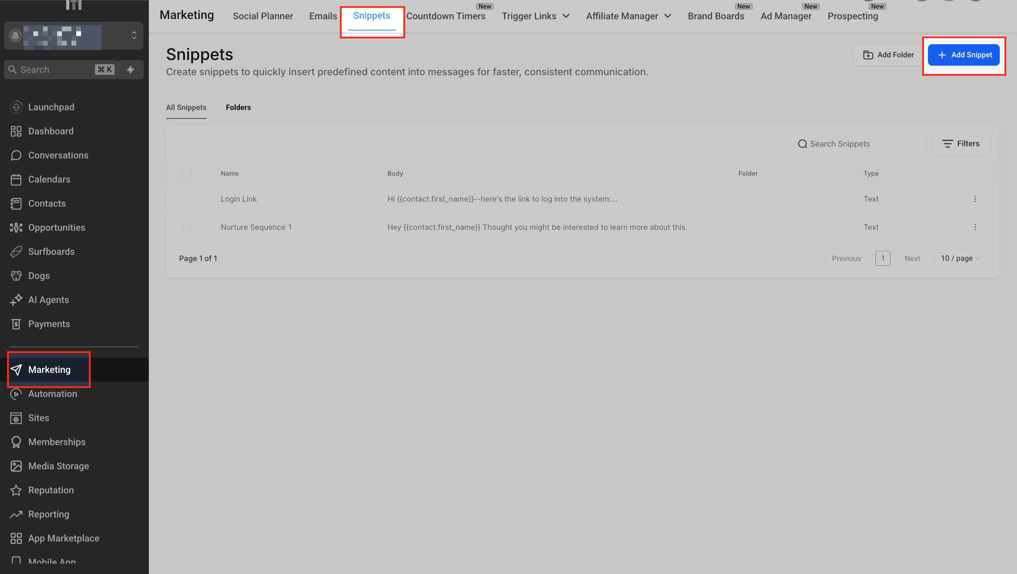 Accesso alla sezione Snippet dal menu Marketing