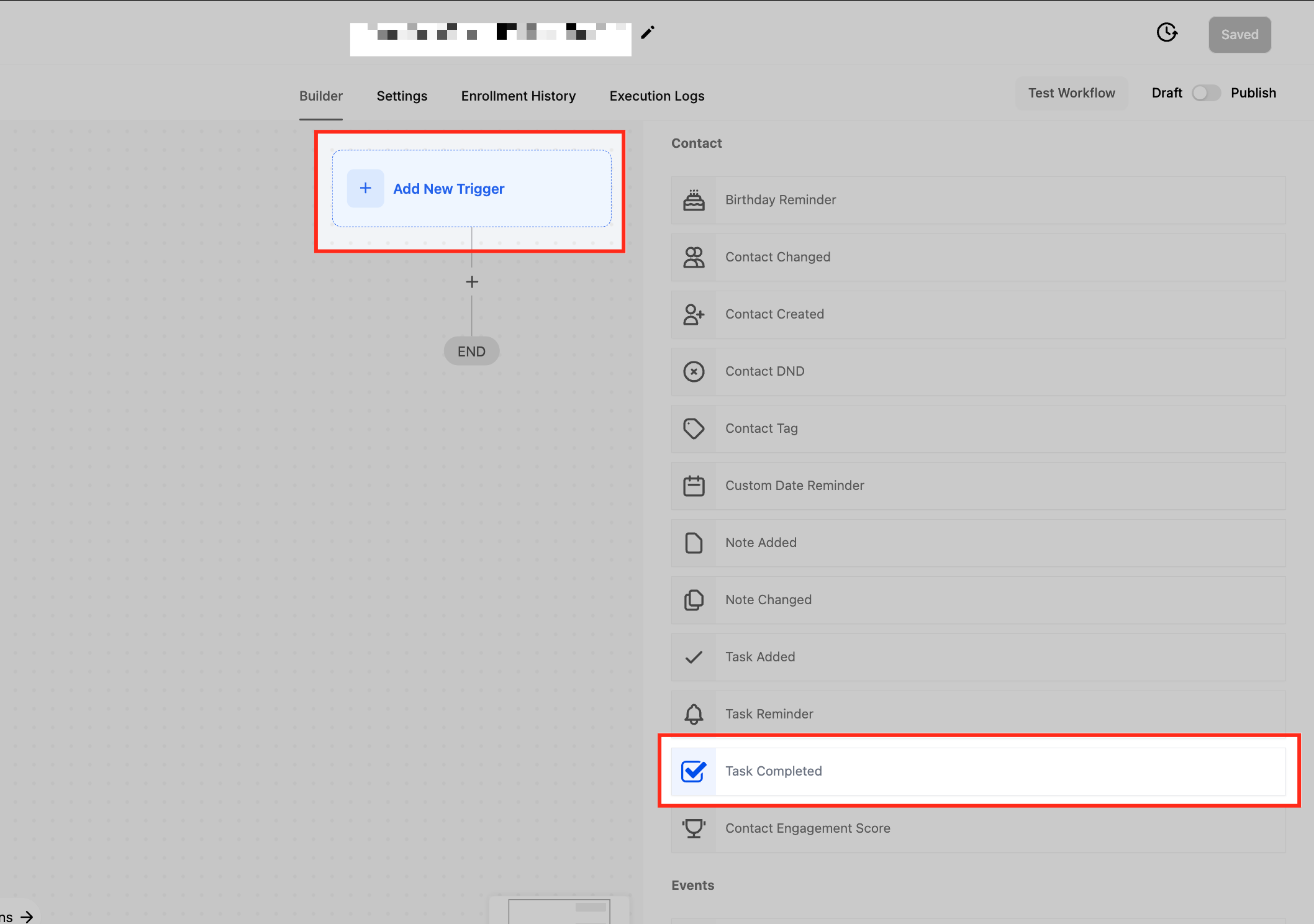 Selezione del trigger Attività Completata in Squadd