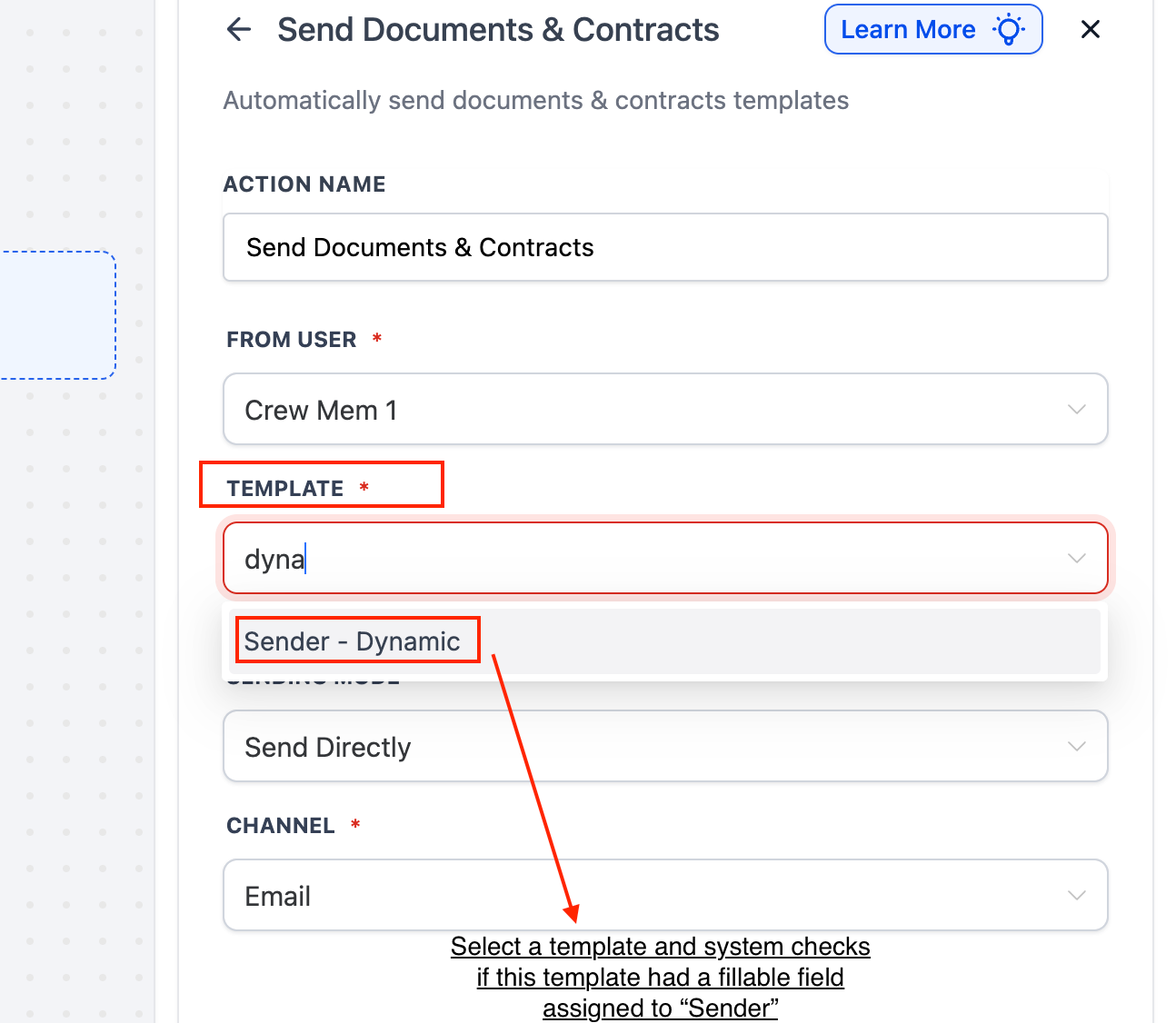 Selezione template con campi mittente nel Workflow