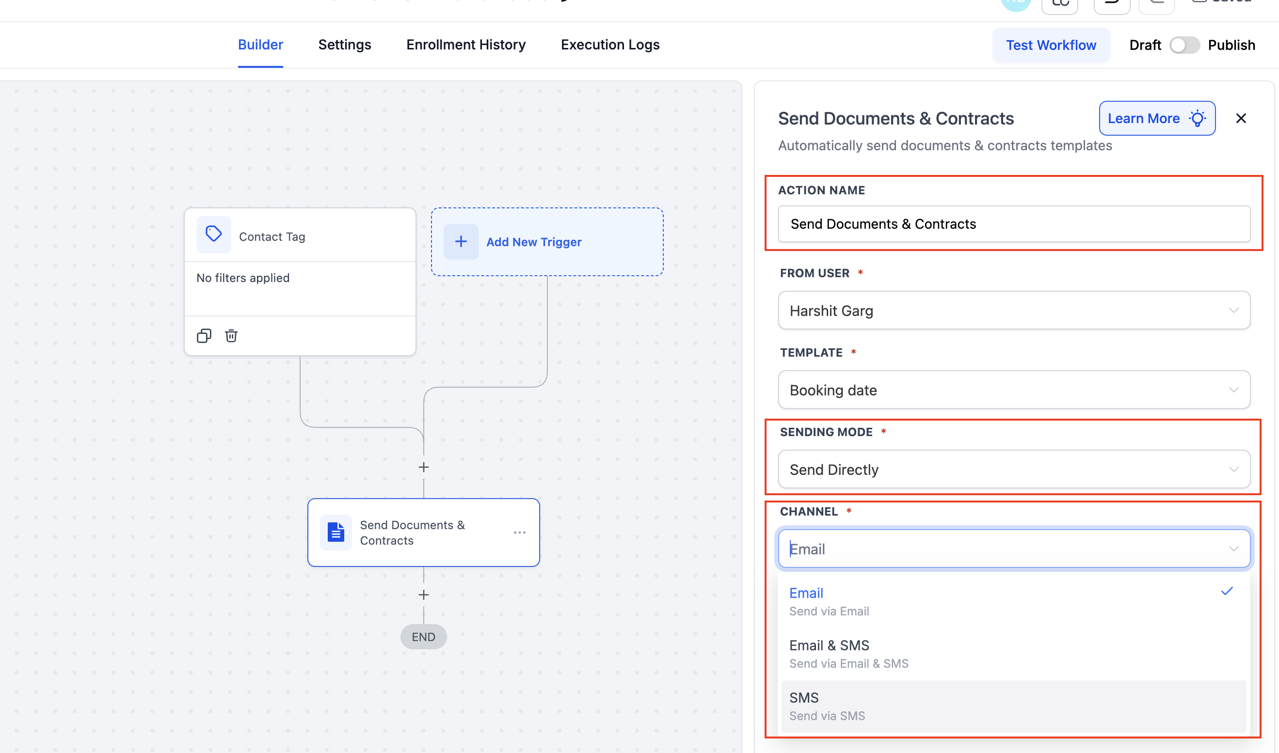 Configurazione azione Invia Documenti e Contratti nel Workflow