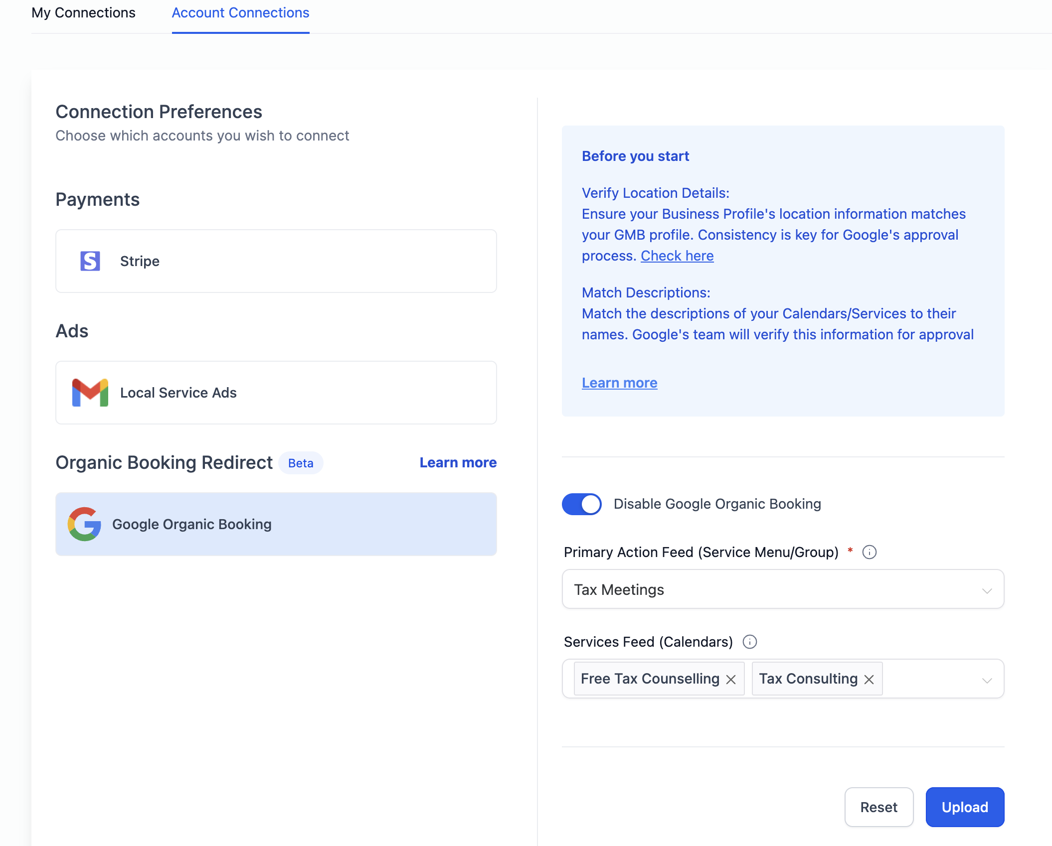 Schermata per disabilitare la Prenotazione Organica Google nelle impostazioni del Calendario