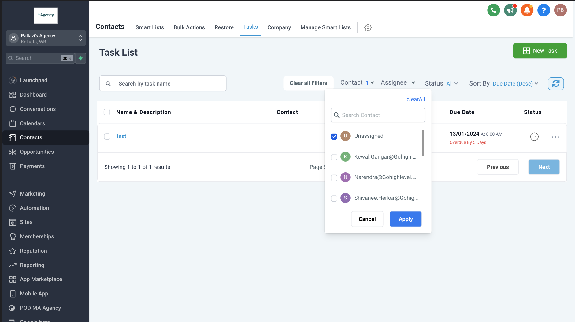 Filtro Contatti con opzione Non assegnato nella lista task