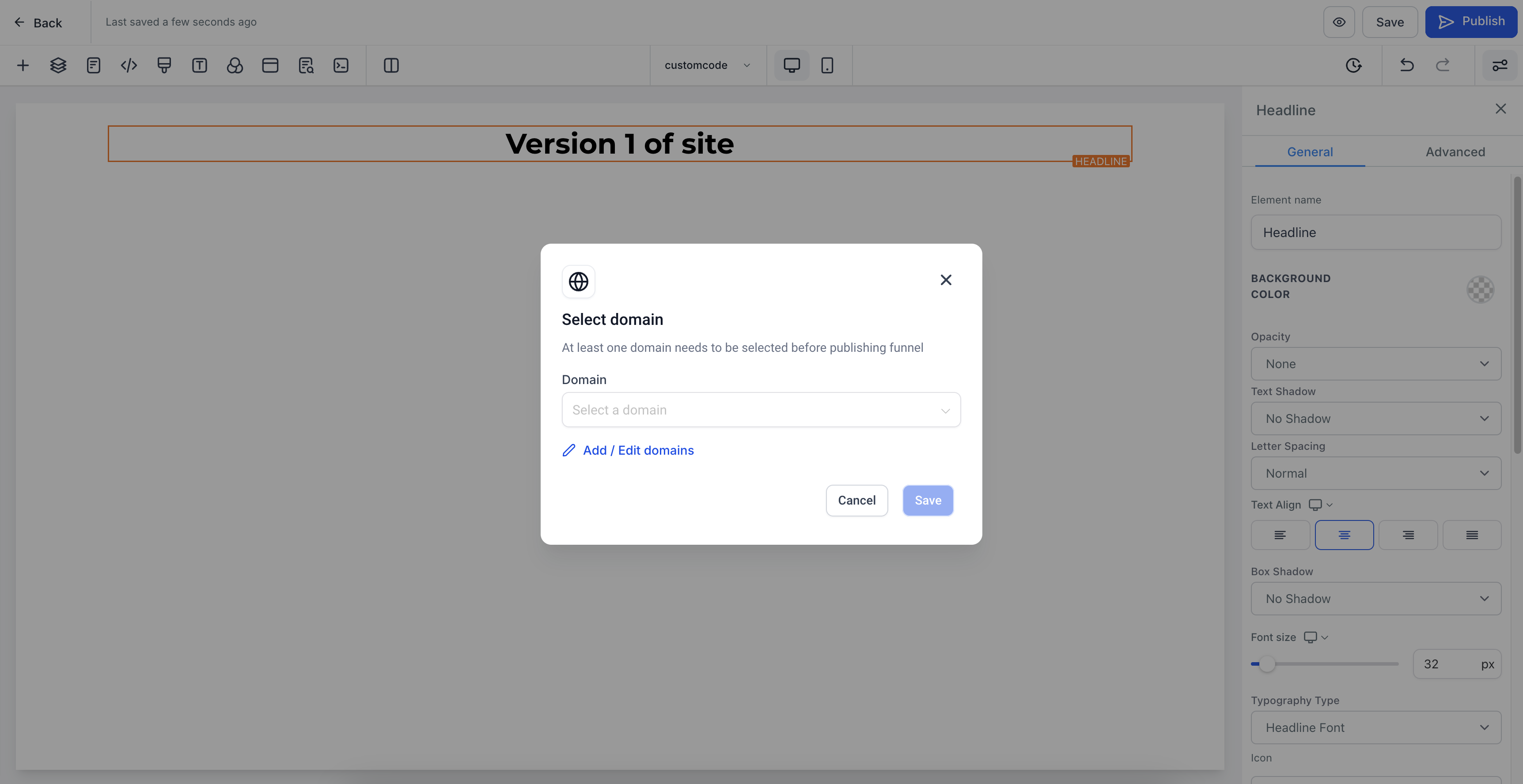 Schermata del popup di collegamento dominio nel builder