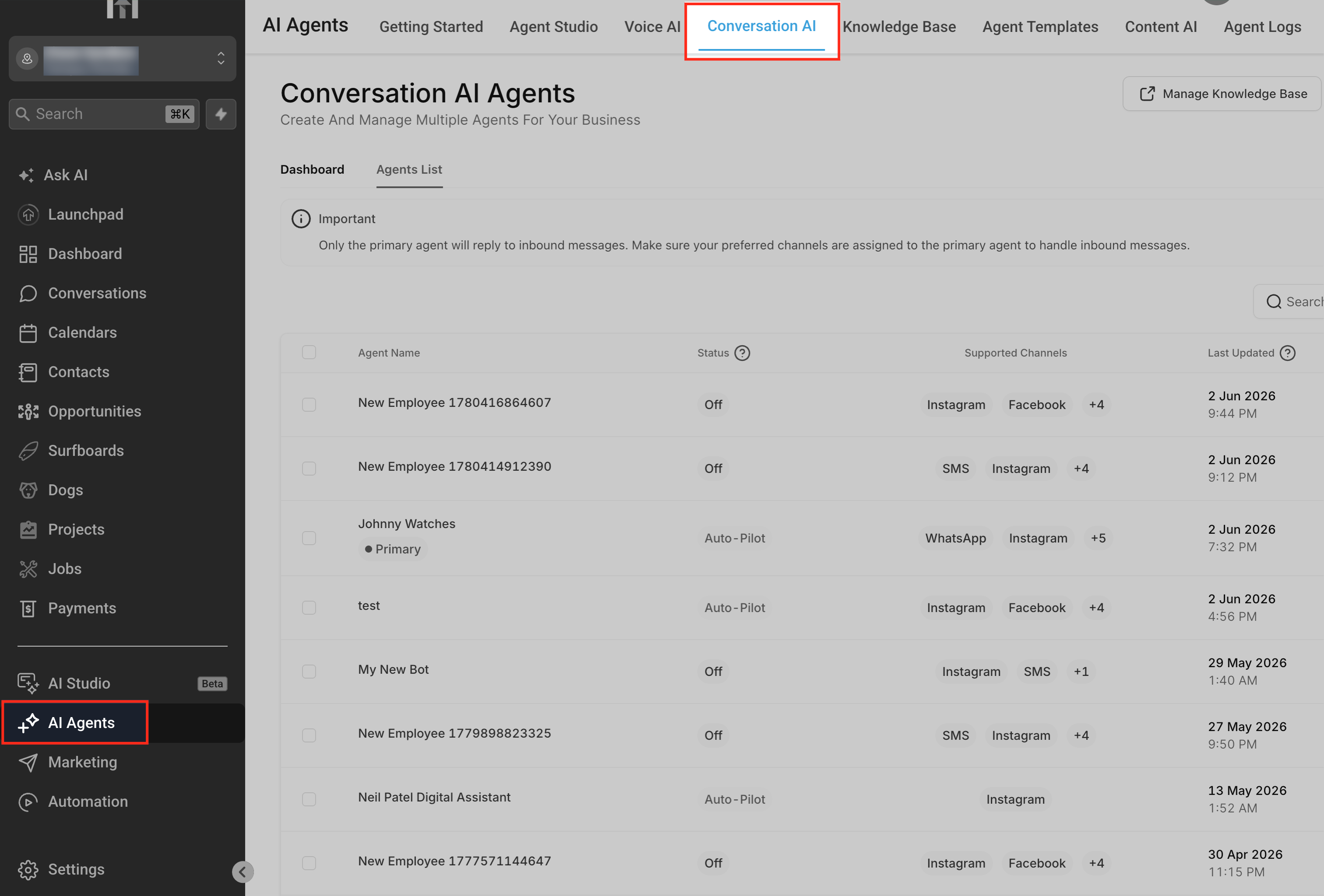 Schermata della sezione AI Agents - Conversation AI