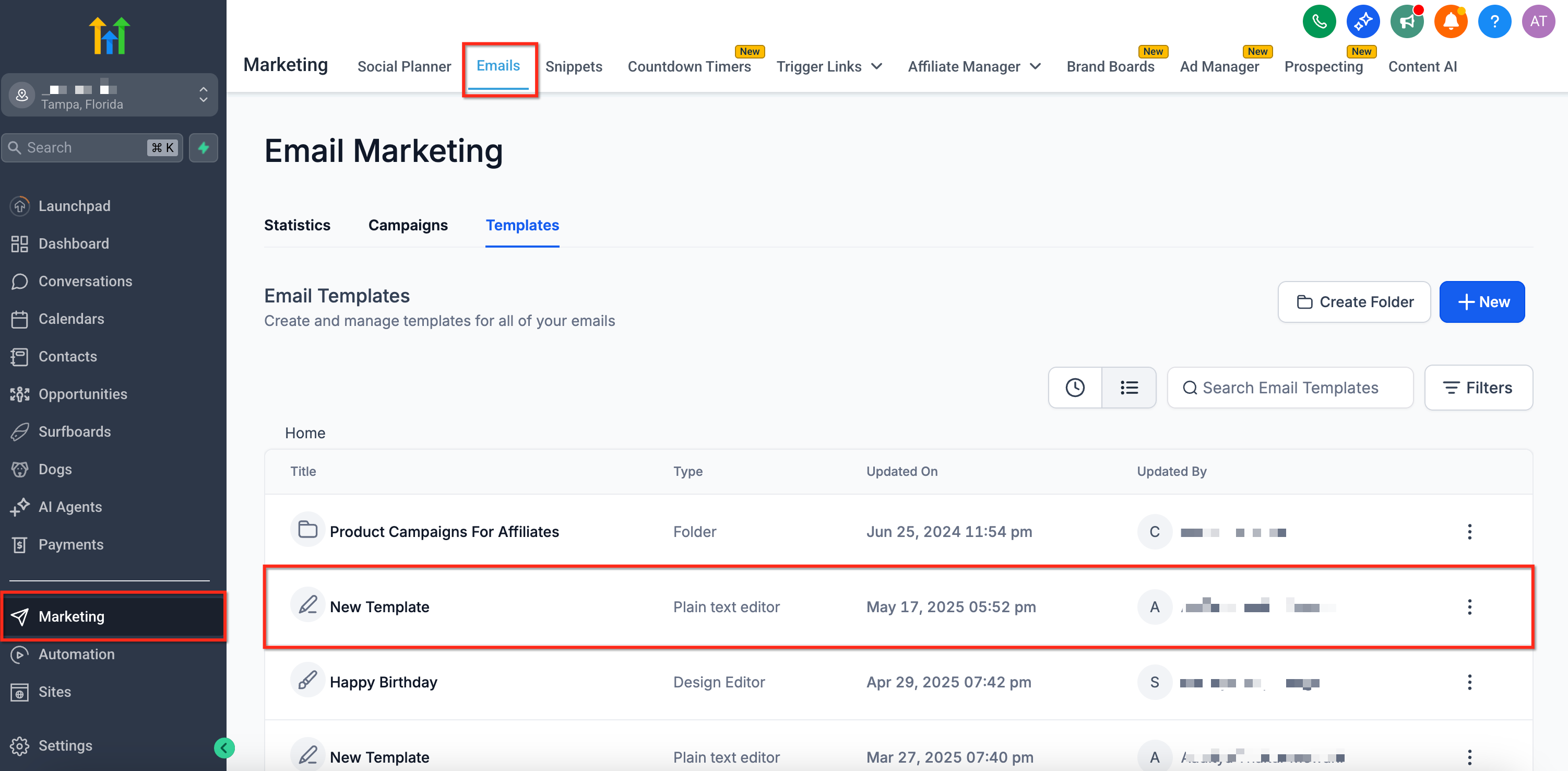 Apertura del builder email in Squadd