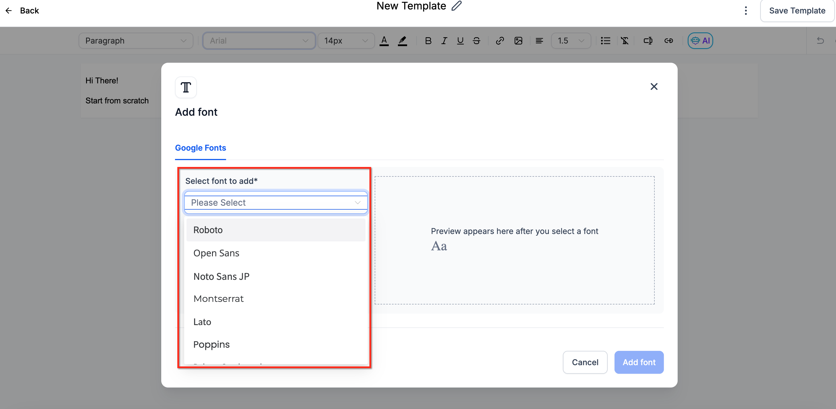 Selezione del font dal menu a discesa nel modale
