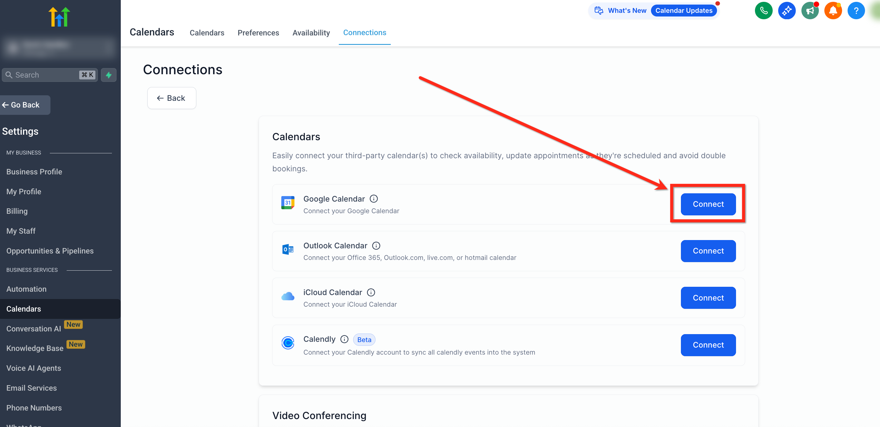 Pulsante Connetti accanto a Google Calendar