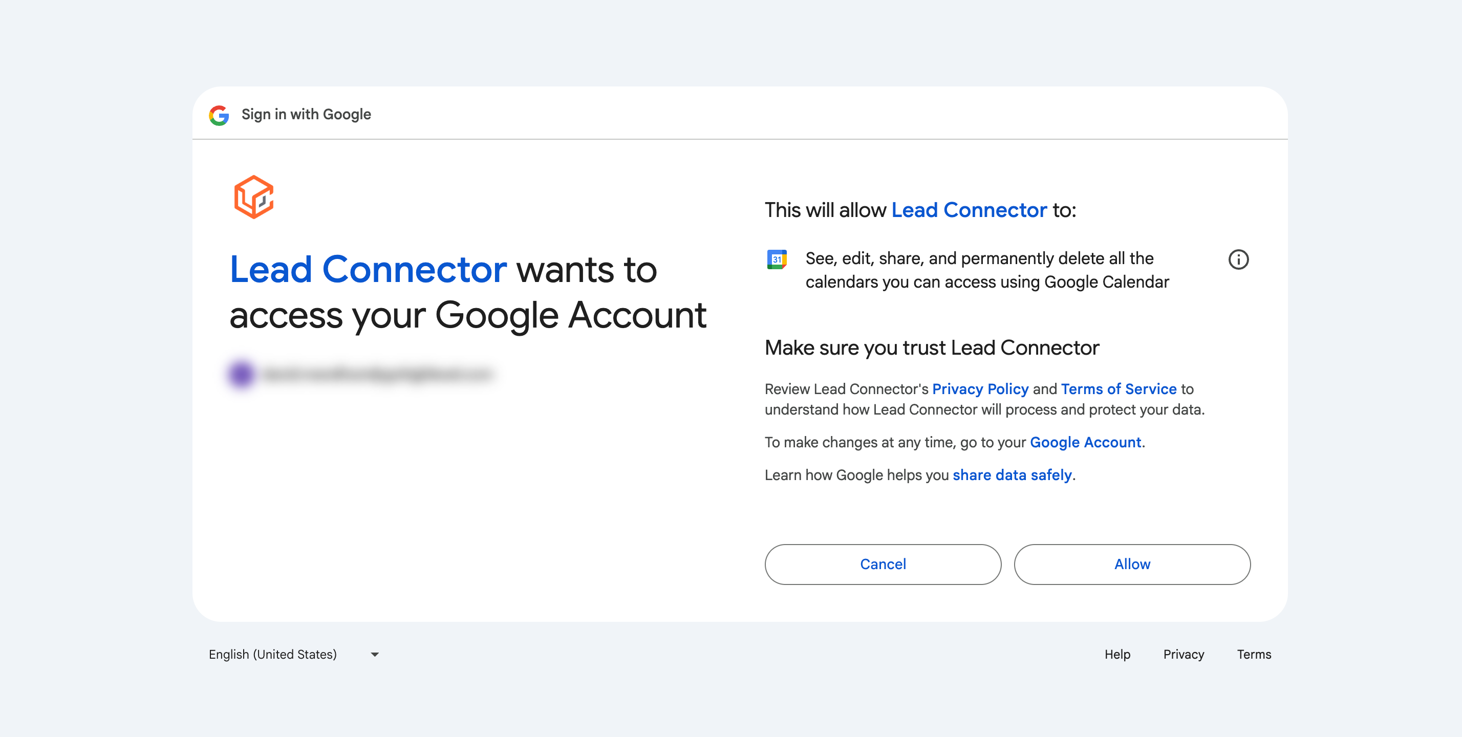 Schermata di autorizzazioni Google