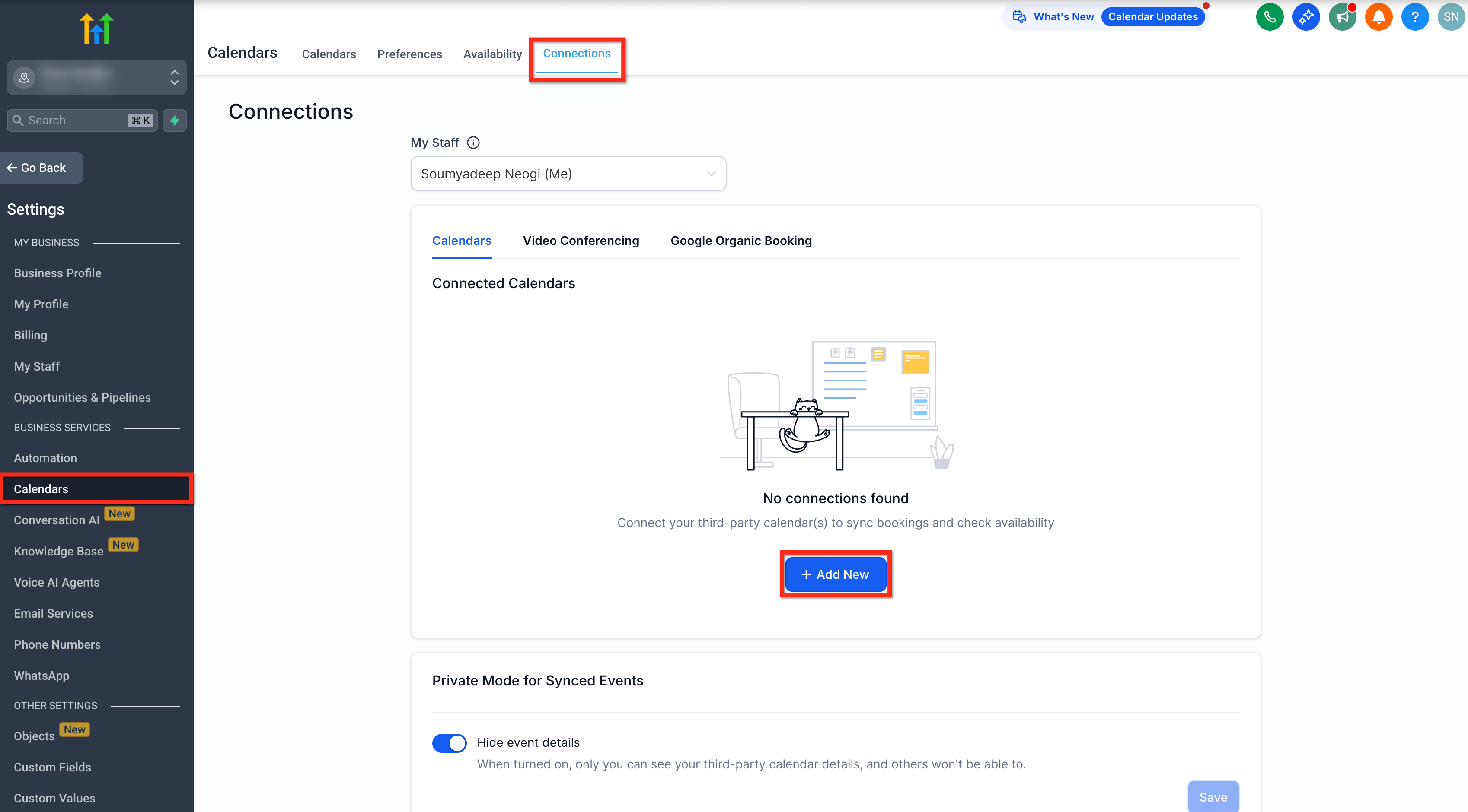 Scheda Connessioni - Aggiungi nuovo calendario