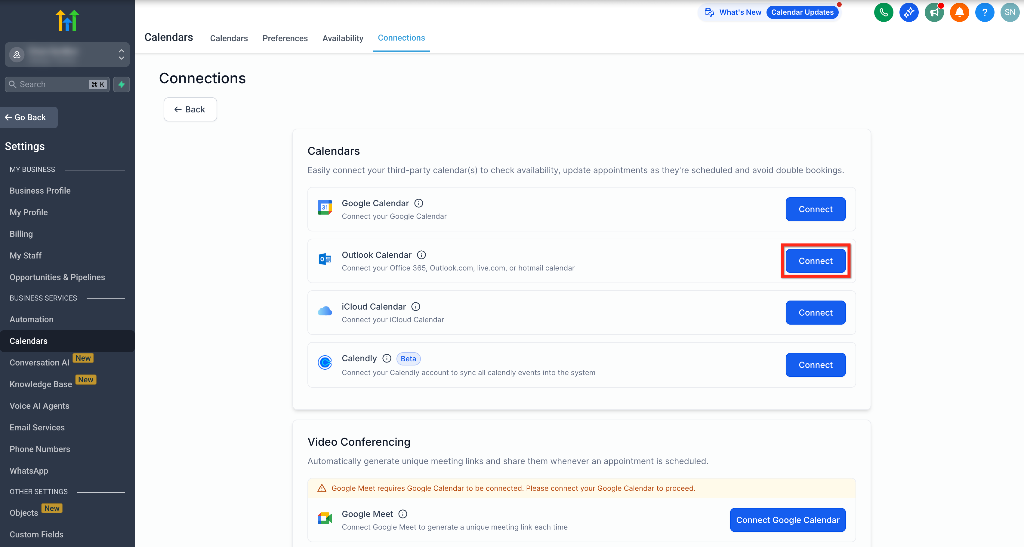 Pulsante Connetti accanto a Calendario Outlook