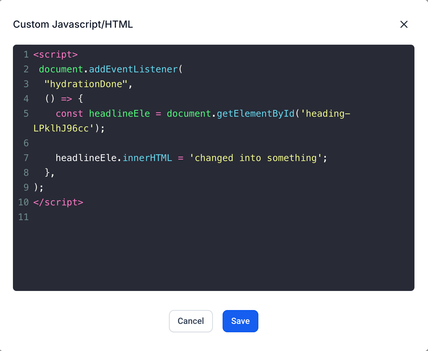Esempio di codice JavaScript/HTML personalizzato con evento hydrationDone