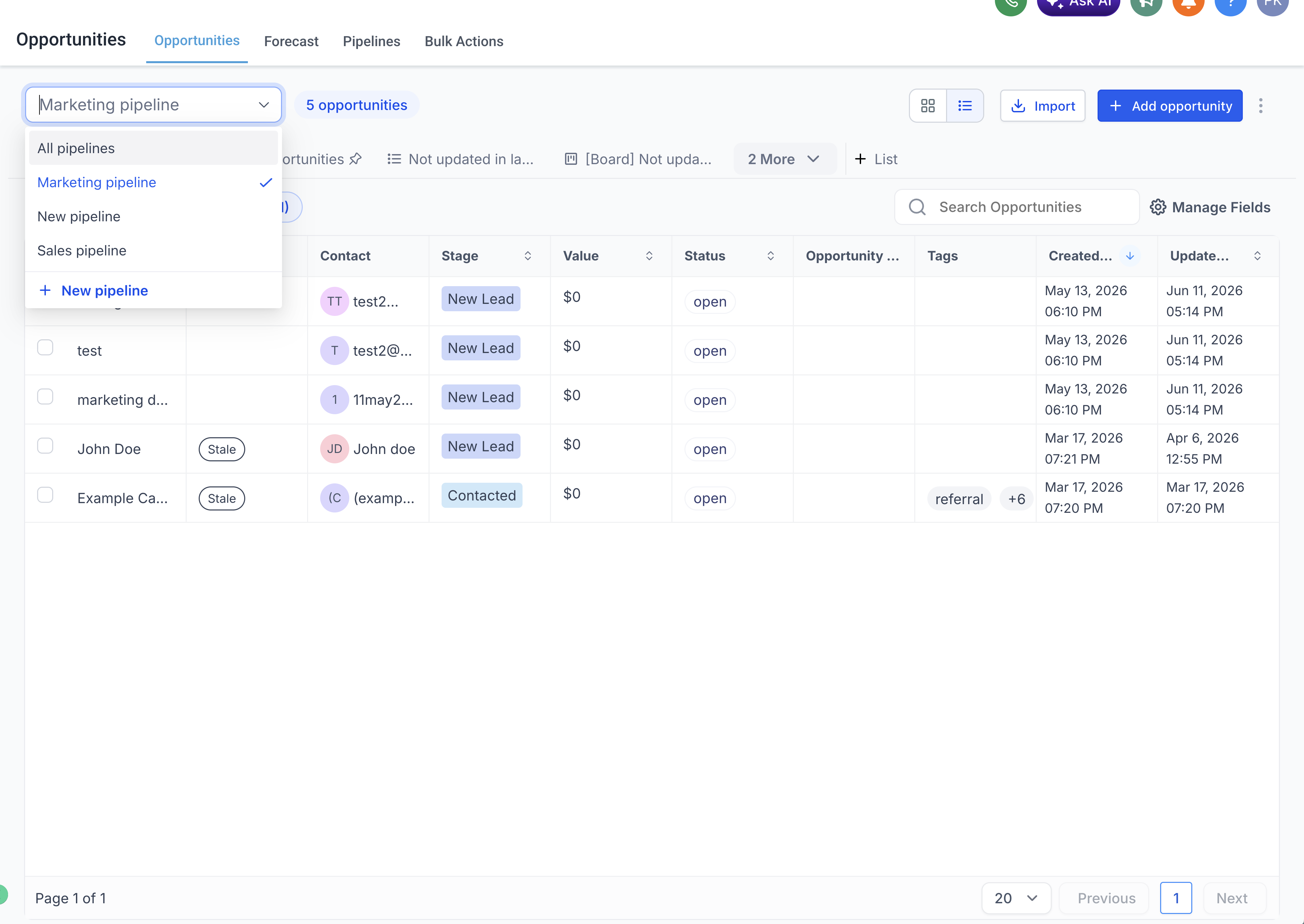 Selezione Tutte le Pipeline dal menu a discesa