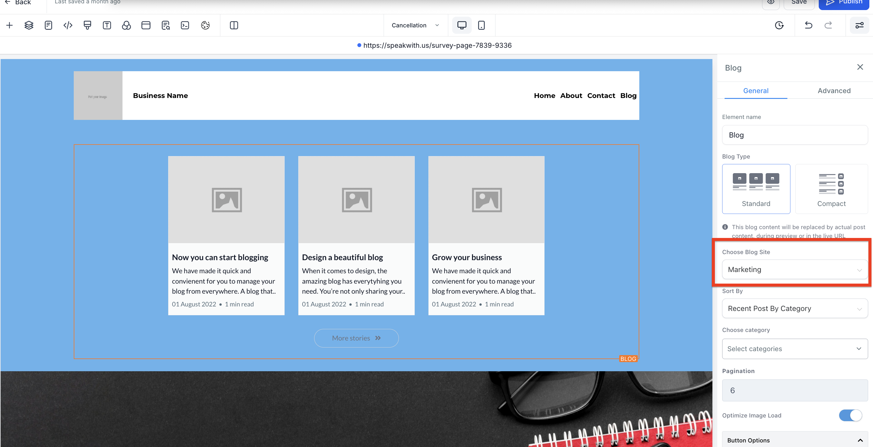 Schermata pubblicazione Funnel con widget blog