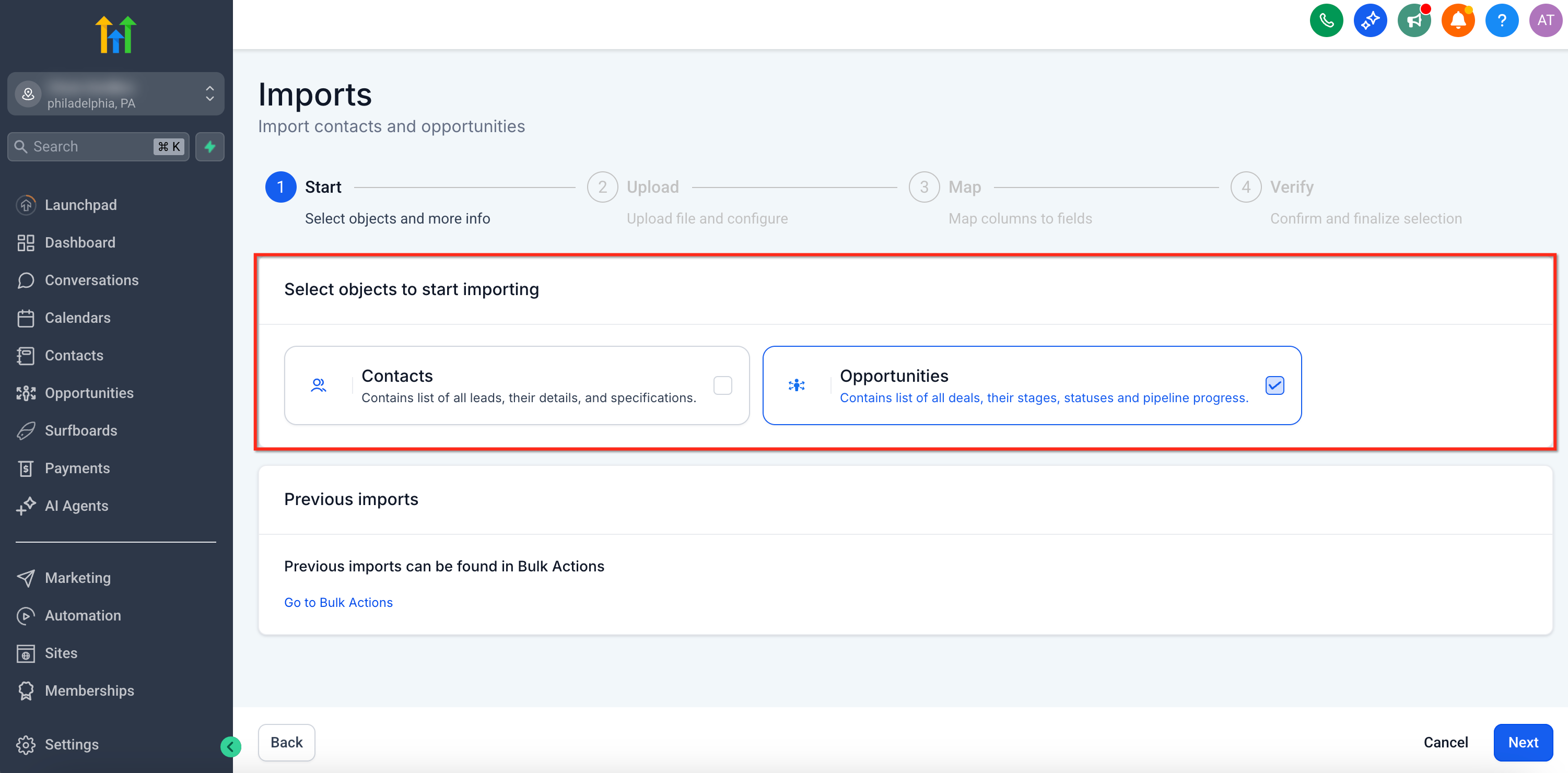 Selezione oggetti da importare: Contatti e/o Opportunità