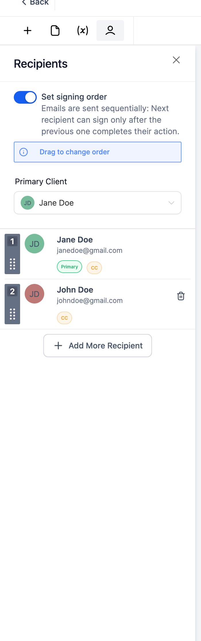 Screenshot del riordinamento firmatari con drag and drop