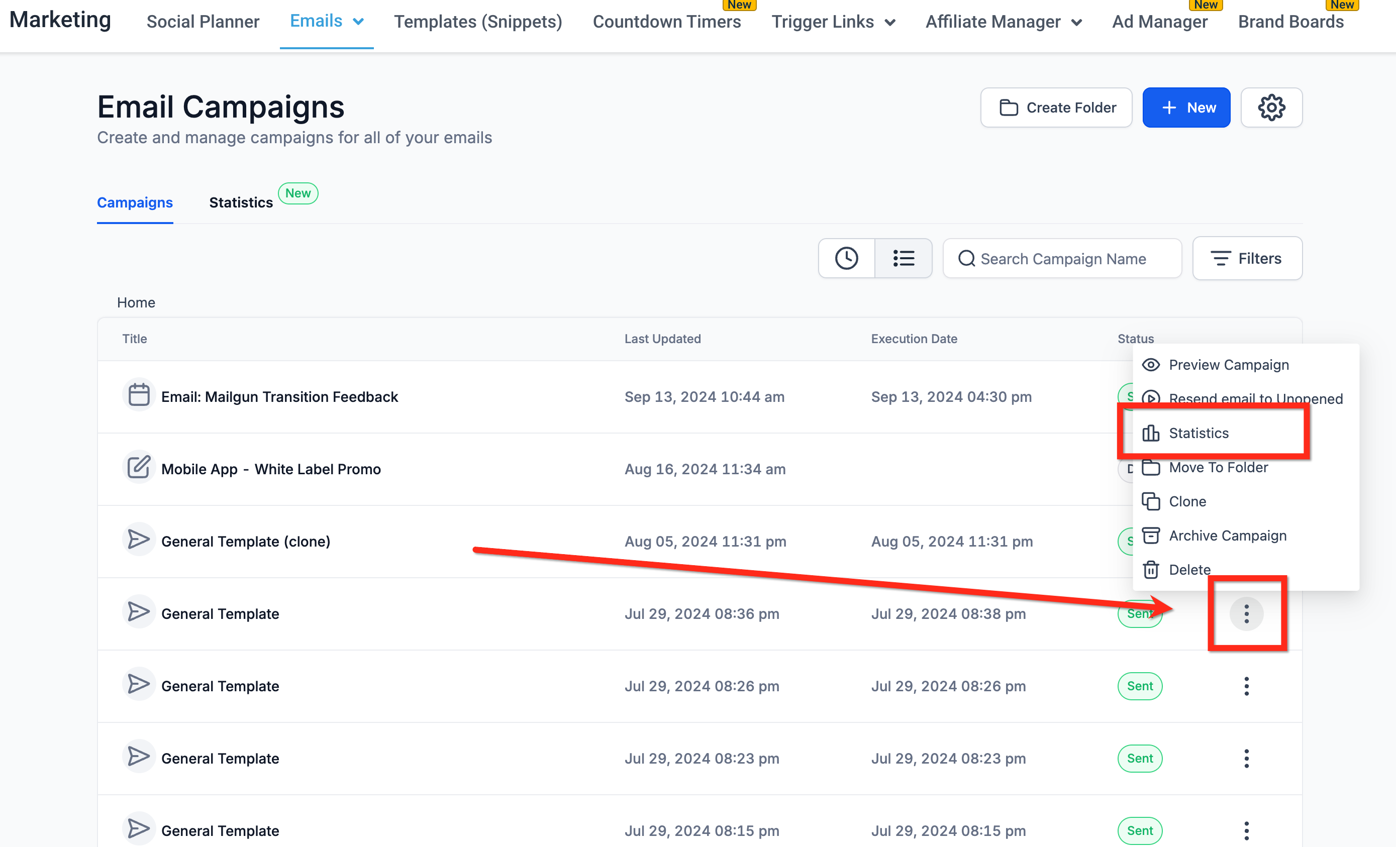 Menu a tre puntini per accedere alle statistiche della campagna email