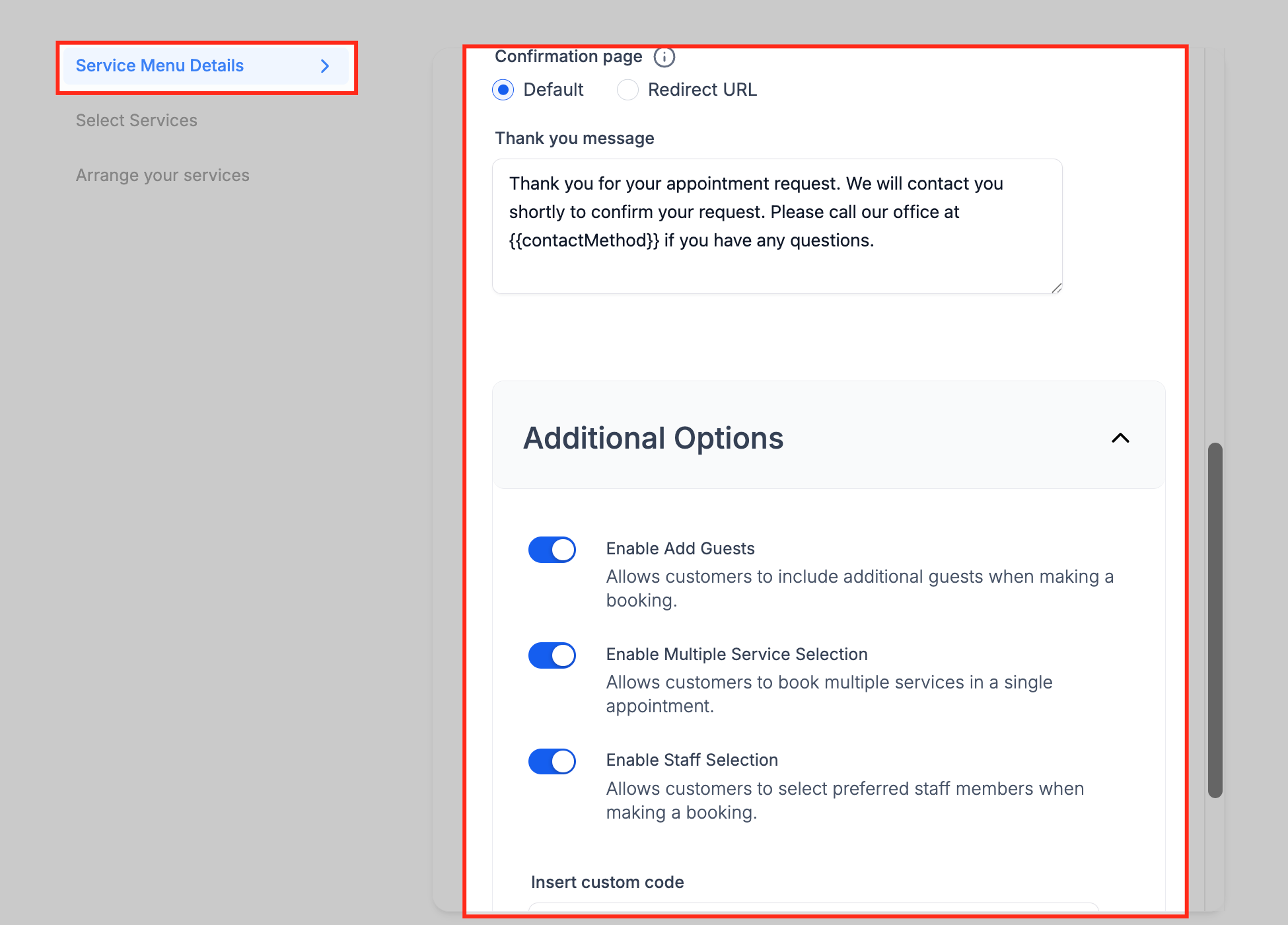 Schermata opzioni aggiuntive del menu servizi