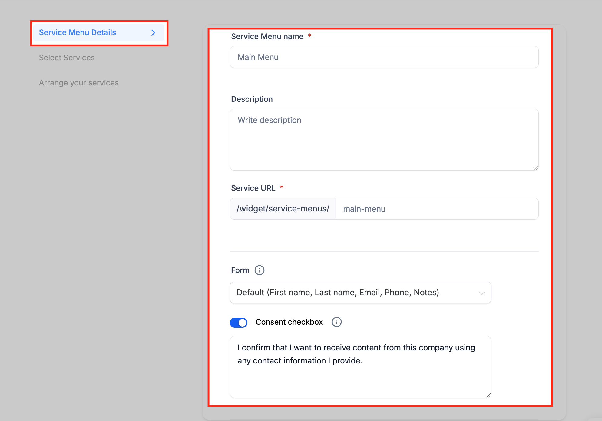 Schermata dettagli menu servizi: nome, descrizione e URL