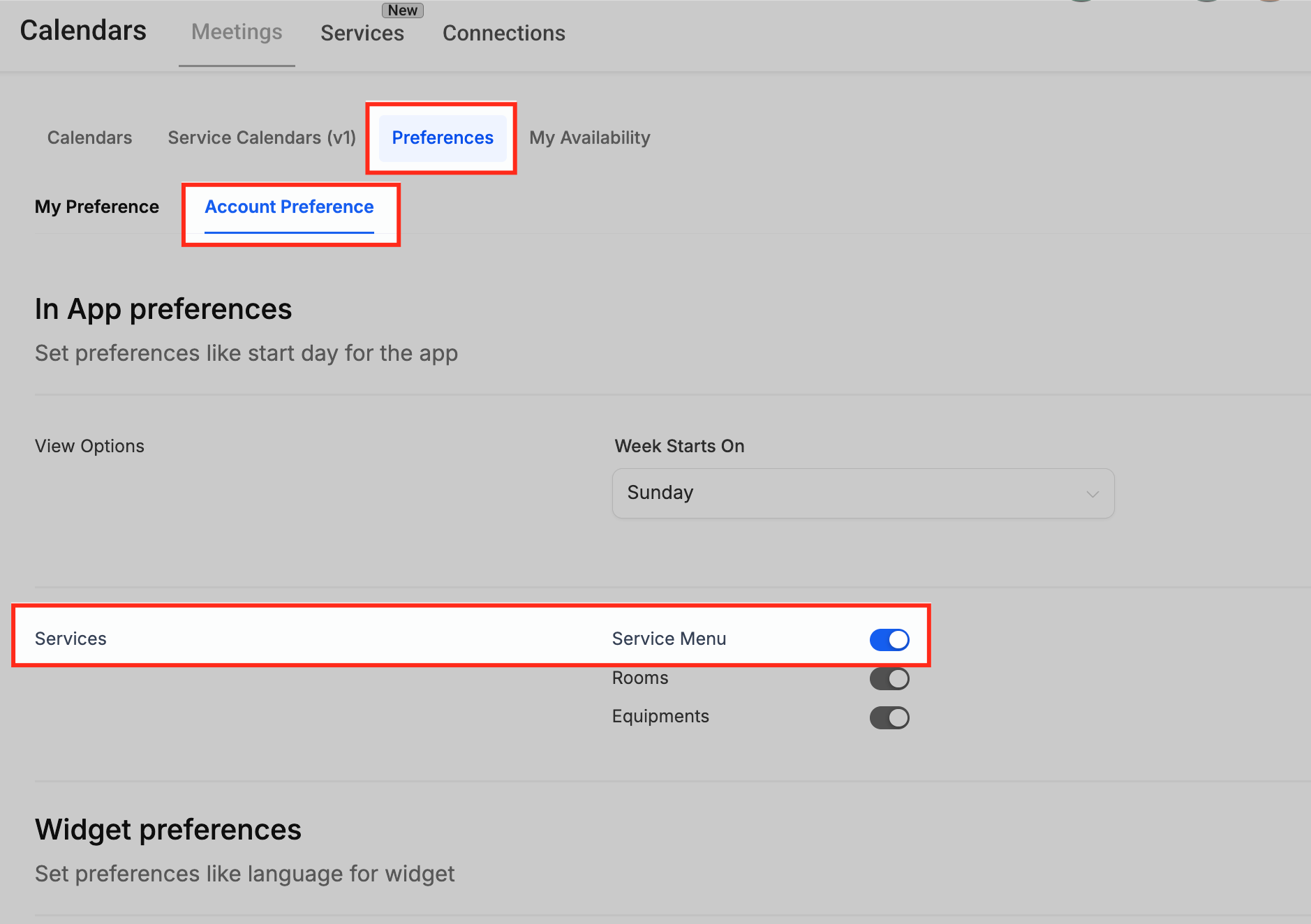 Schermata abilitazione Menu Servizi nelle preferenze account