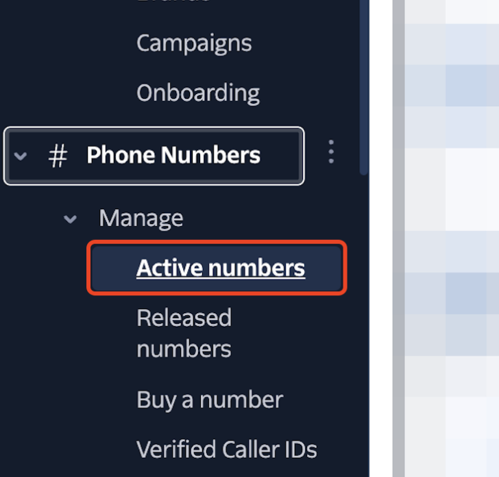 Schermata Active numbers su Twilio